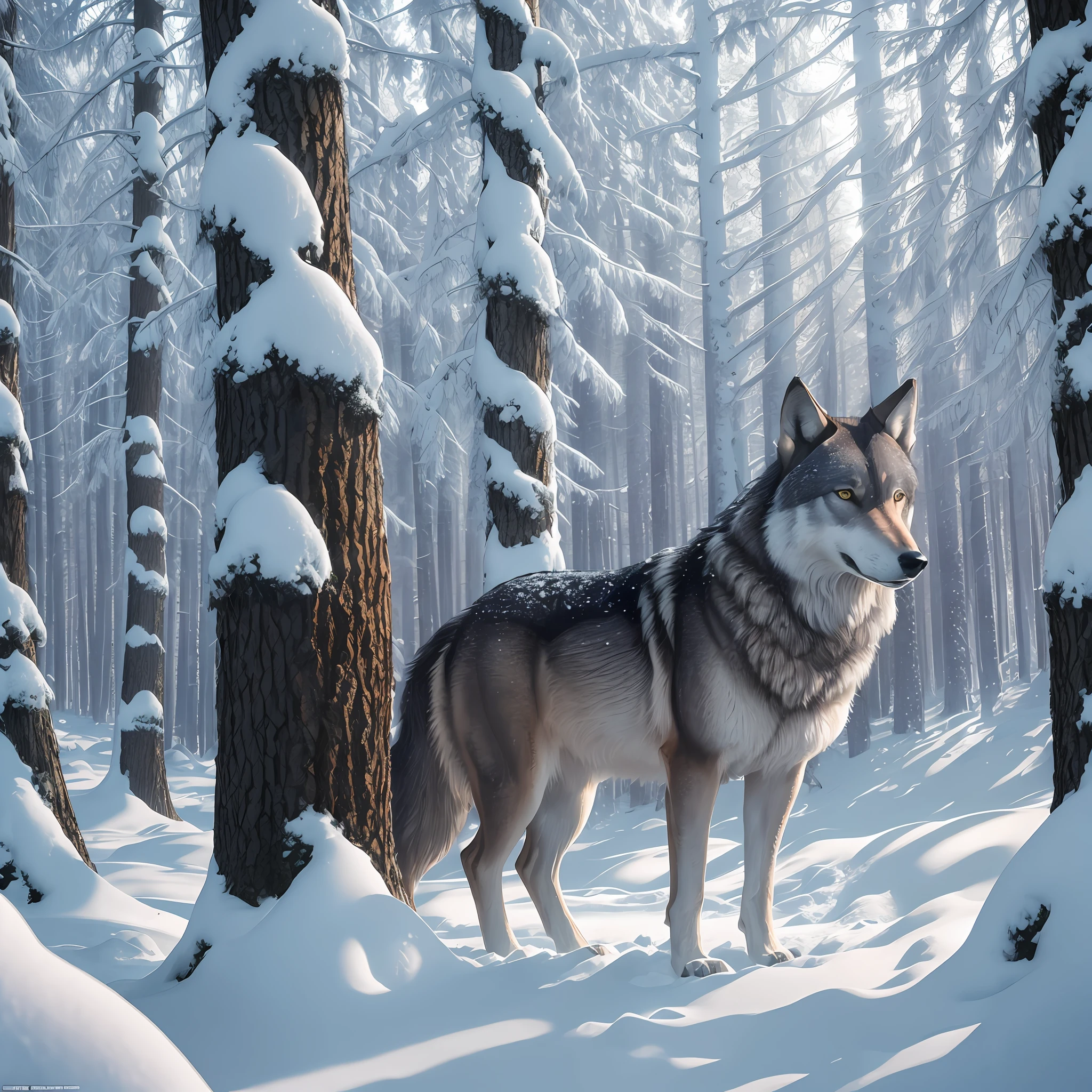 Dramatic (photo)+ of a wolf in a snowy winter forest, wide-angle 20mm f/11 in the professional photographic portfolio kodak ektachrome e100 instant, hot sun, divine rays --auto --s2