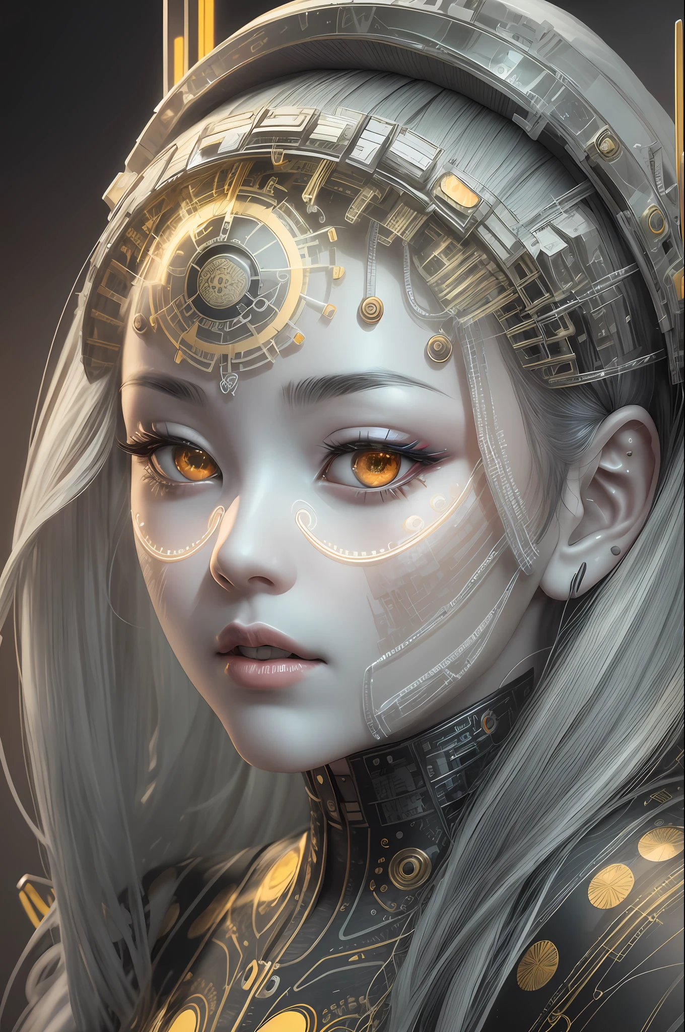 A portrait photograph of mid-twenties Japanese female android made of white and silver transparent glass and plastic, geisha makeup and hairstyle, silver metal internal body mechanisms, dynamic pose, flowing organic construction, detailed engraving, lacework designs, glowing golden circuitry, colorful neon trim, detailed engraving, lacework designs, glowing circuitry, neon trim, art by H.R. Giger, Greg Rutowski