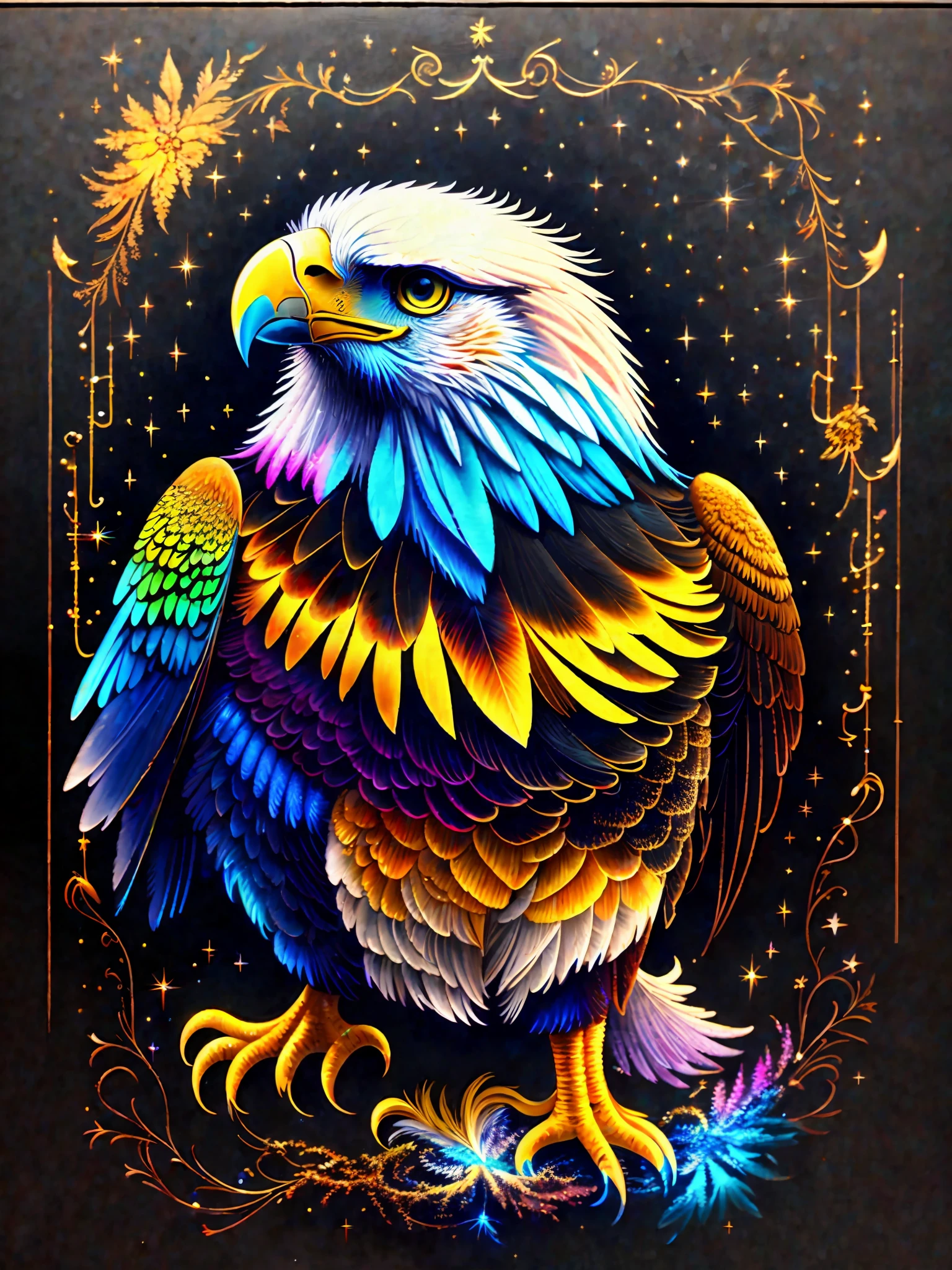 a painting of a colored eagle on a black background,, breathtaking rendering, within a radiant connection, inspired by Kinuko Y. Craft,, magical elements, kitten icon, wow, is beautiful, casting a multi colorful spell, bright flash, flash