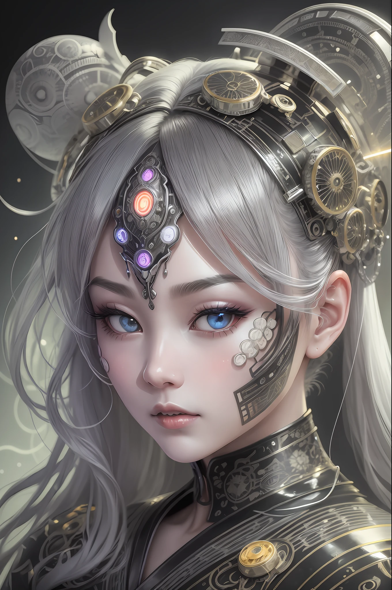 A portrait photograph of mid-twenties Japanese female android made of white and silver transparent glass and plastic, geisha makeup and hairstyle, silver metal internal body mechanisms, dynamic pose, flowing organic construction, detailed engraving, lacework designs, glowing golden circuitry, colorful neon trim, detailed engraving, lacework designs, glowing circuitry, neon trim, art by H.R. Giger, Greg Rutowski