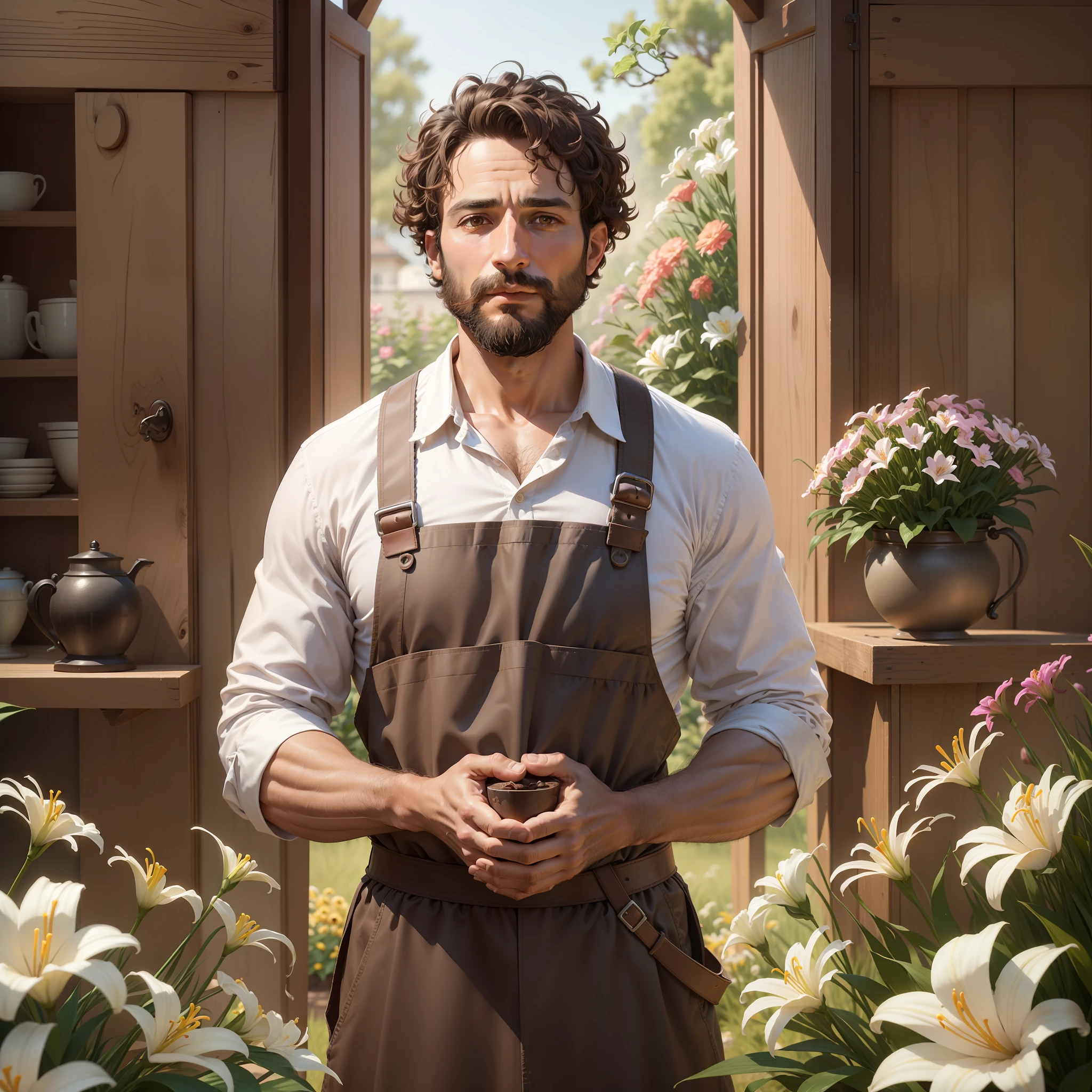 Male, 38 years old, Jewish, straight, short hair, brown hair, curly hair, full beard, purity, carpenter profession, carpenter clothing, focus, face and hands, scenery of various flowers, lilies, hands holding bunch of lilies, 8k, brute, St. Joseph