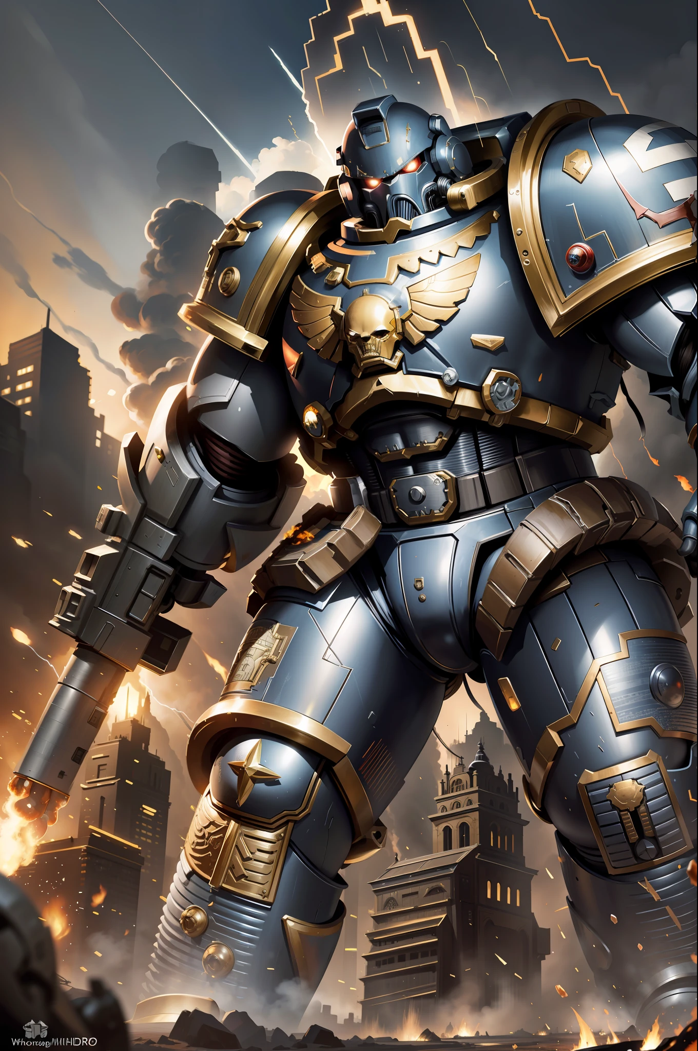 strong man, masterpiece, space marine,(Epic armor, metal reflections), hdr, best quality, uhd, 8k resolution, best light, realistic, detailed background, detailed face, detailed hands, full body, (city ruins)(open field surrounded by fire), (alien planet), (spaceships flying in the sky)