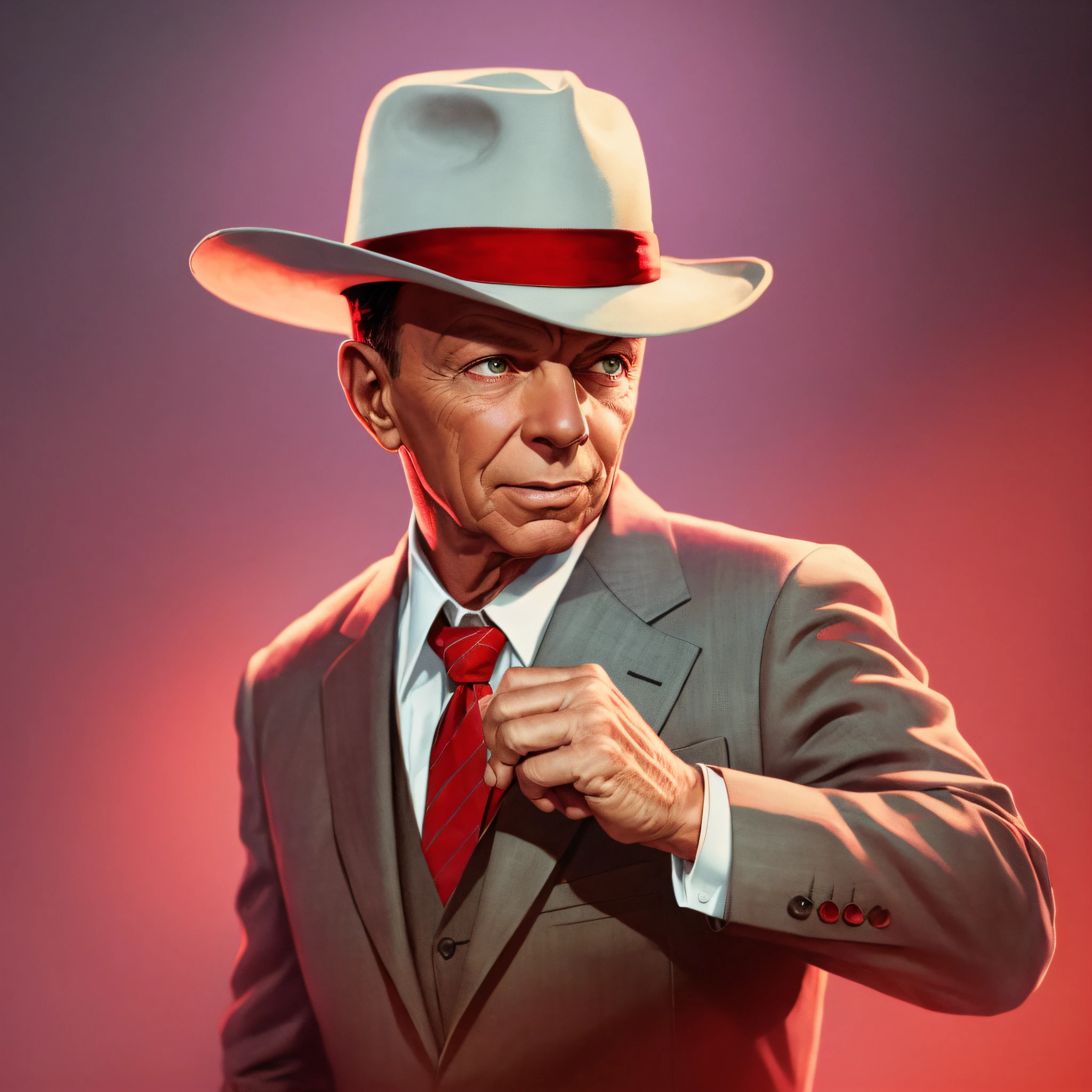 Realistic image of Frank Sinatra, in a hat, shot with a professional DSLR camera, red colors, delicate light, pastel colors