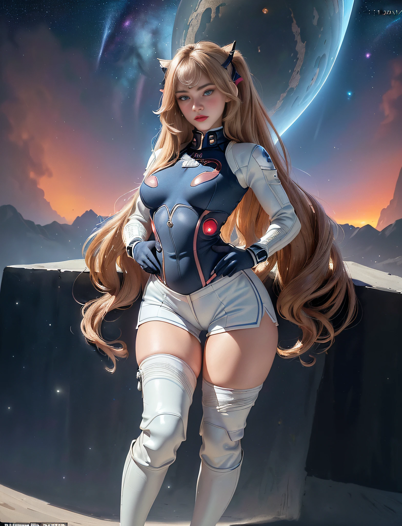 ((very detailed RAW color photo)), ((realistic)), (((1 girl))), (((alone))), (((30 years))), ((athletic)), ((very defined toned physique)), ((very defined and beautiful muscular body)), (((very detailed perfect body))), (((small and defined breasts))), (((ultra defined curves))), (((superior quality, 8k, masterpiece: 1.3)), sharp focus: 1.2, (((extremely beautiful girl with perfect figure: 1.4))), ((very thin waist: 1.2)), ultra detailed skin texture,  ((perfect and beautiful hands)), ((smooth and soft skin)), (ultra detailed fabric texture), extremely beautiful face ultra detailed, (((extremely beautiful))), ultra detailed, (((girl wearing a spacesuit without helmet and shorts with space boots inside the cockpit of a spaceship))), (((extremely long curly blonde hair))), extremely beautiful, (((extra long ponytail with bangs))),  ((very detailed and beautiful wolf ears)), (hair on the face), ((hair ribbon)), dynamic pose, ((uniform leaves thighs exposed)), ((ultra detailed and toned legs)), (((ultra detailed waist))), (((very wide hips))), (((very thick and toned thighs))), (sexy), (((extreme hourglass figure))), (((very thick heart lips))), (((red lipstick)), ((ultra detailed lips)),  ((ultra detailed blue eyes)), ((angry look)), (((staring at the viewer))), ultra detailed provocative mouth, extremely beautiful seductive lips, ((blushing)), (makeup), (((ultra defined waist))), eye shadow, (full body shot), planets in the background, very detailed starry sky, nebulae, stars