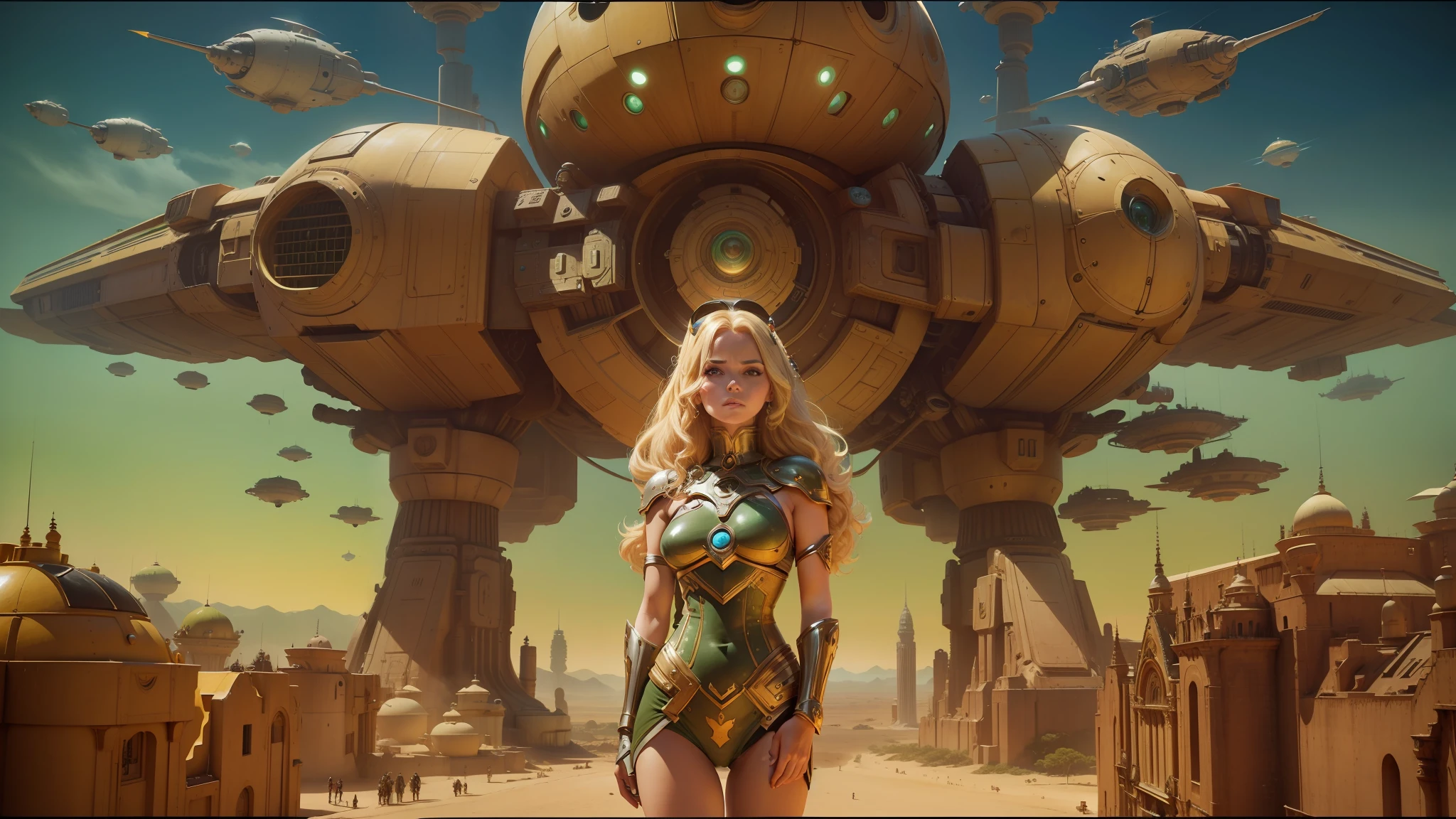 blond woman in a green dress standing in front of a giant robot, jodorowsky's dune, beckinsale, beautiful 3 d rendering, venus, inspired by Gaston Bussière, big computer, wearing shiny breastplate, still image from the movie, barbarella, panoramic view of girl, nomads, french nouveau, key art, automaton --auto --s2