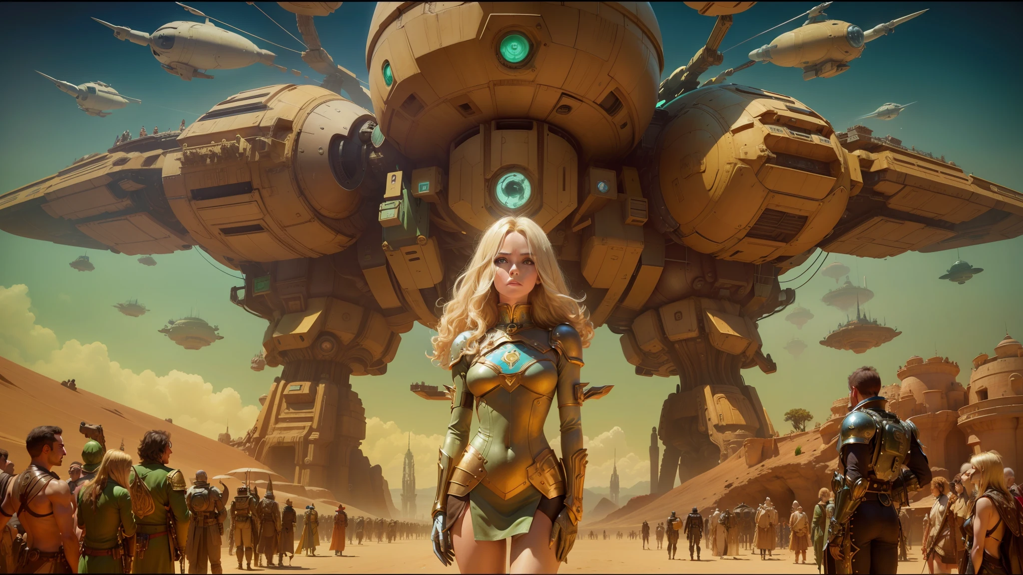 blond woman in a green dress standing in front of a giant robot, jodorowsky's dune, beckinsale, beautiful 3 d rendering, venus, inspired by Gaston Bussière, big computer, wearing shiny breastplate, still image from the movie, barbarella, panoramic view of girl, nomads, french nouveau, key art, automaton --auto --s2