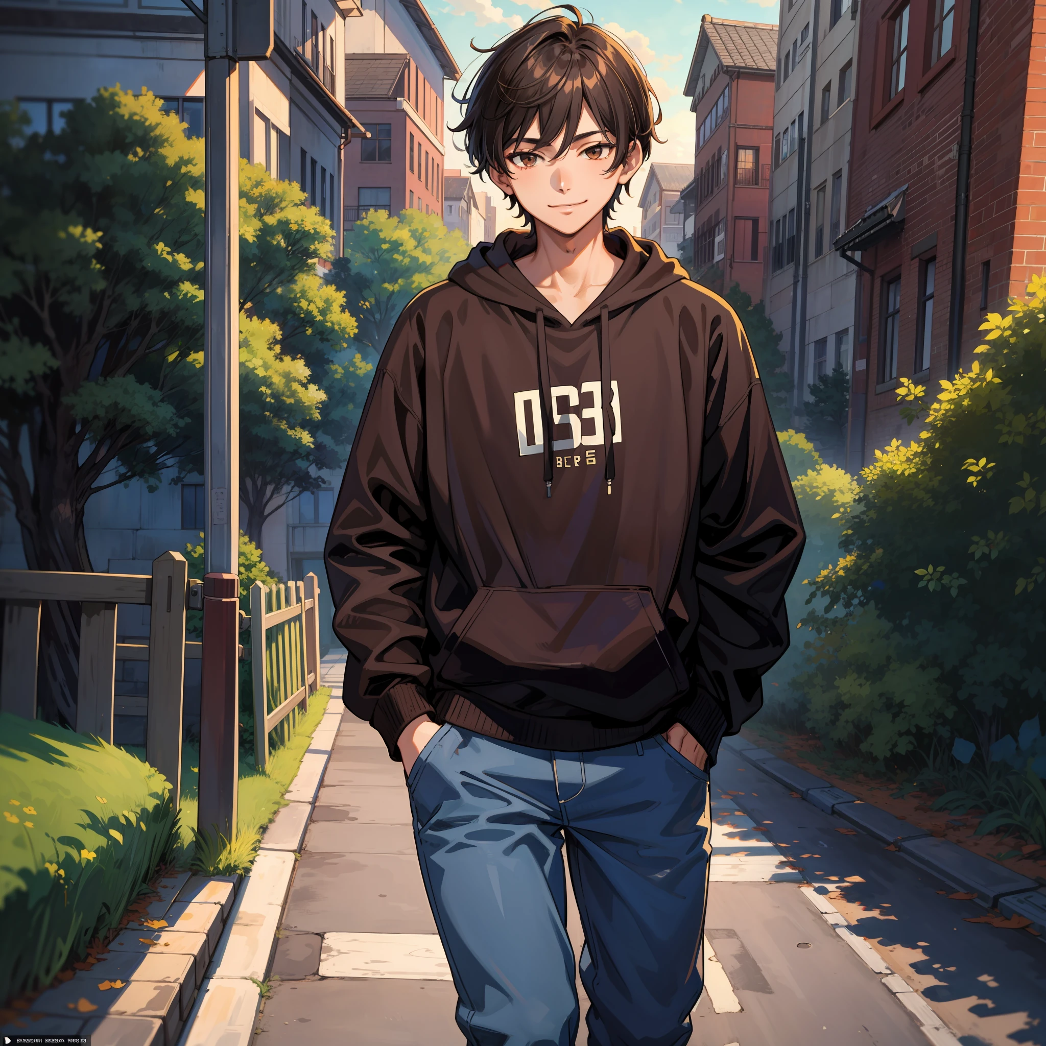 (Masterpiece: 1.5), (Best Quality: 1.5), (Super Fine Illustration: 1.5), (Masterpiece), High Quality, High Detail, ((Unbeatable Masterpiece, Best Quality, Perfect Work of Art)), An 18-Year-Old Boy, Short Black Hair, Brown Eyes, Brown Hoodie, Jeans, Smiling, Walking on the Road, One Hand in My Pocket, School Gate, Evening Sun