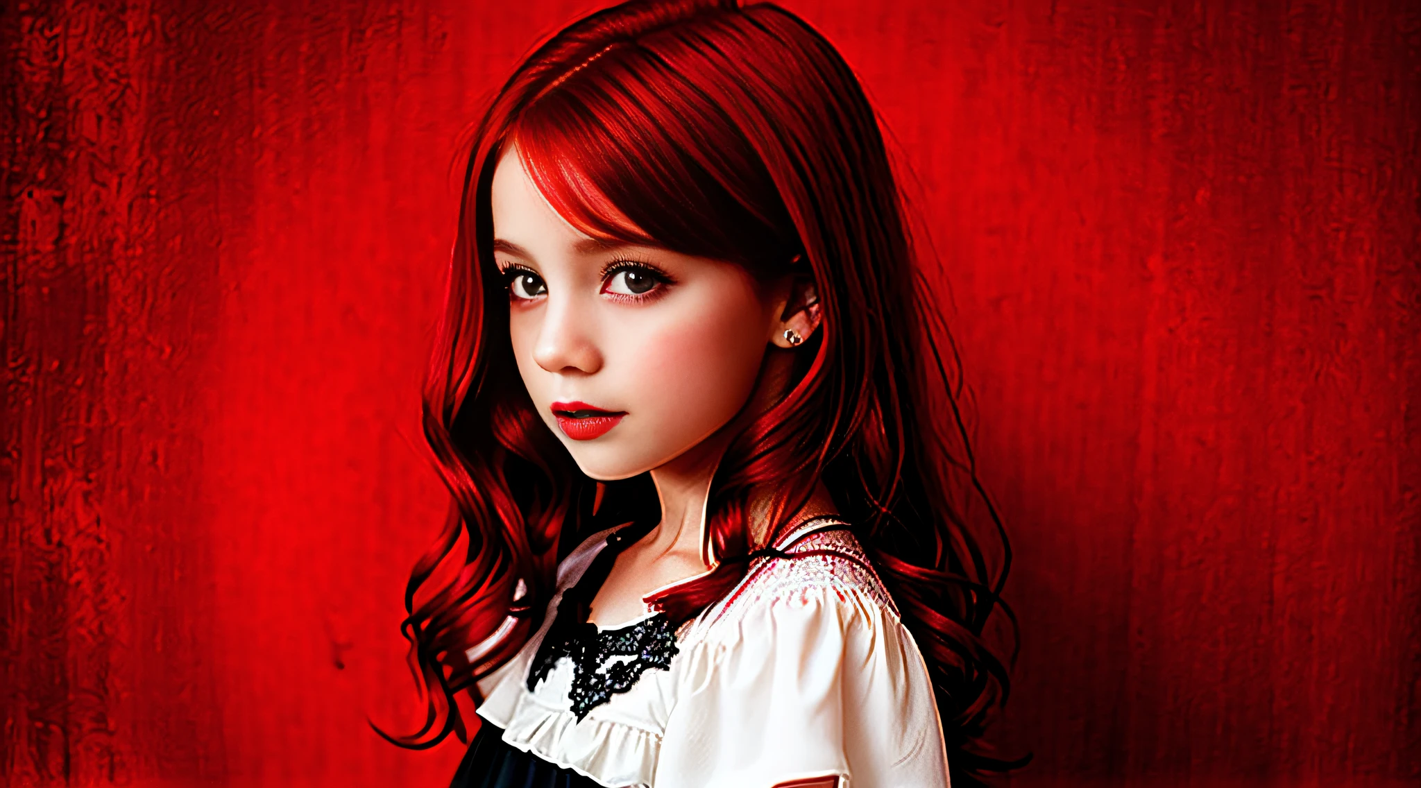 GIRLS VAMPIRE CHILDREN, RED EYES. AND RED HAIR, red background.