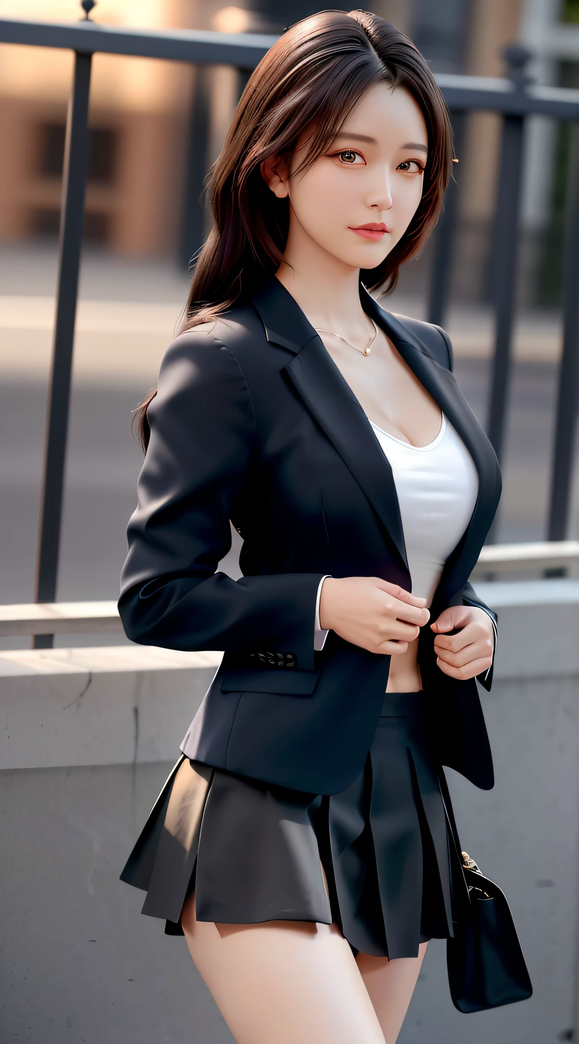 best quality, masterpiece, 1girl, Beautiful face, (photo realistic:1.3), rim lighting, (high detailed skin:1.2), 8k uhd, dslr, high quality, high resolution, 4k, 8k, Bokeh, absurdres, best ratio four finger and one thumb, (realistic:1.3), cute 1girl, wearing black formal blazer, medium breasts, short skirt,