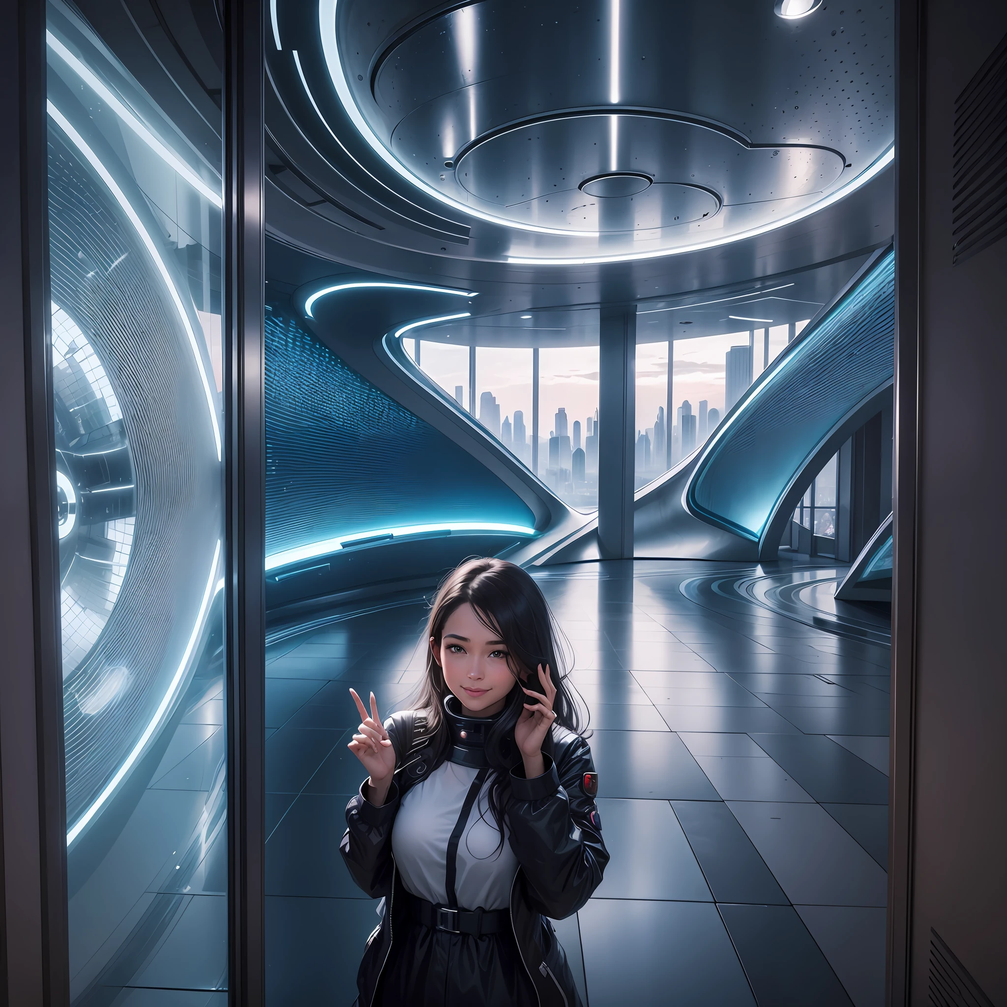 The woman walks towards the camera with a curious expression on her face, looking around at the spacious, lighted room. She seems enthralled by the room's futuristic technology, with its white, curved walls and minimalist furniture.
In the background, one can see the landscape of Mercury through a large circular window. The sun shines brightly on the horizon as the futuristic buildings reflect their light.
The woman stops in front of the camera and smiles, as if realizing that she is in an incredible and unimaginable place. She begins to speak, but her words are drowned out by the noise of the machines echoing through the room. However, her expression is clear: she is happy and excited to explore what this futuristic room has to offer. --auto --s2