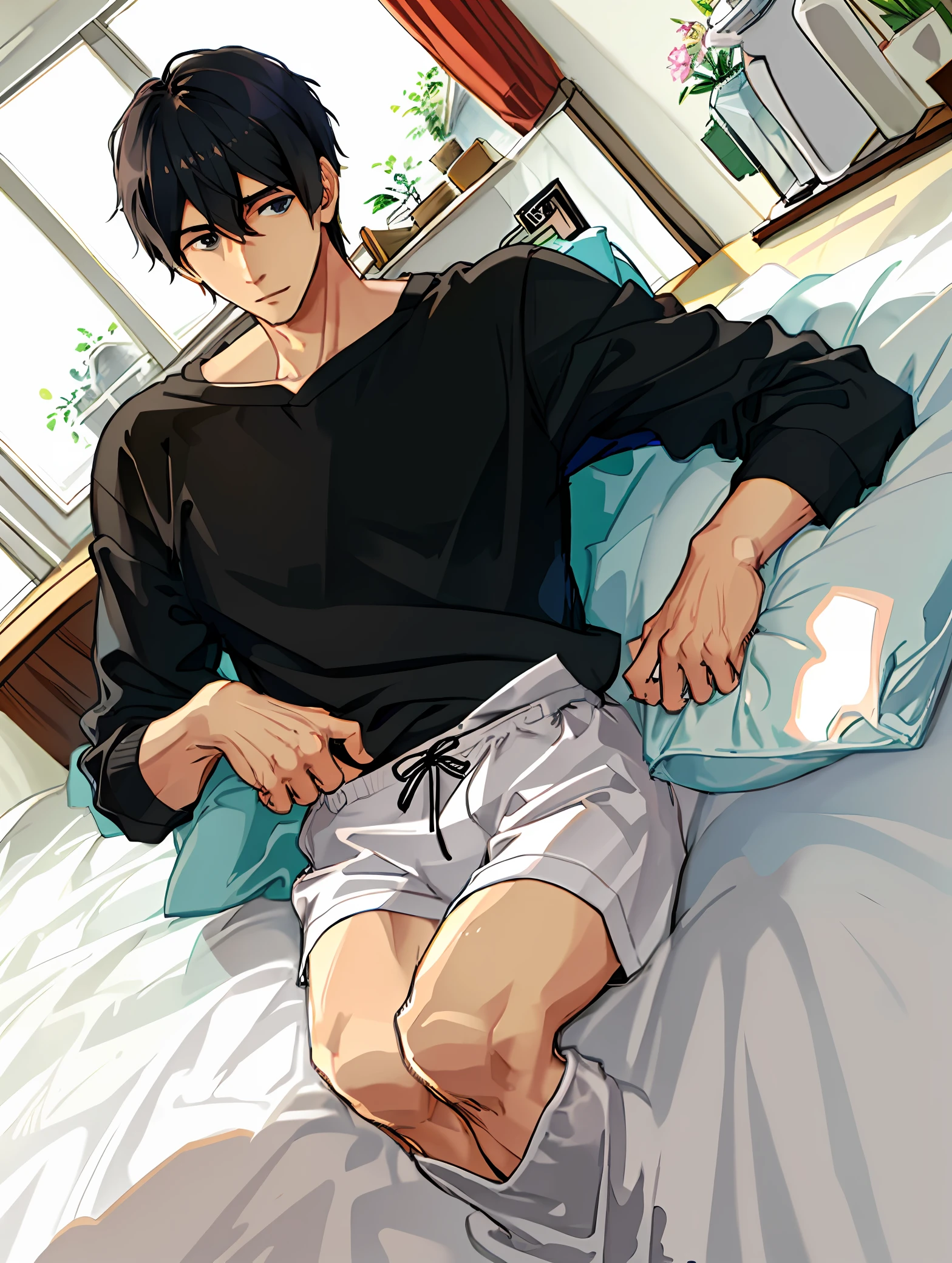 A man, lying in bed, just woke up, black hair