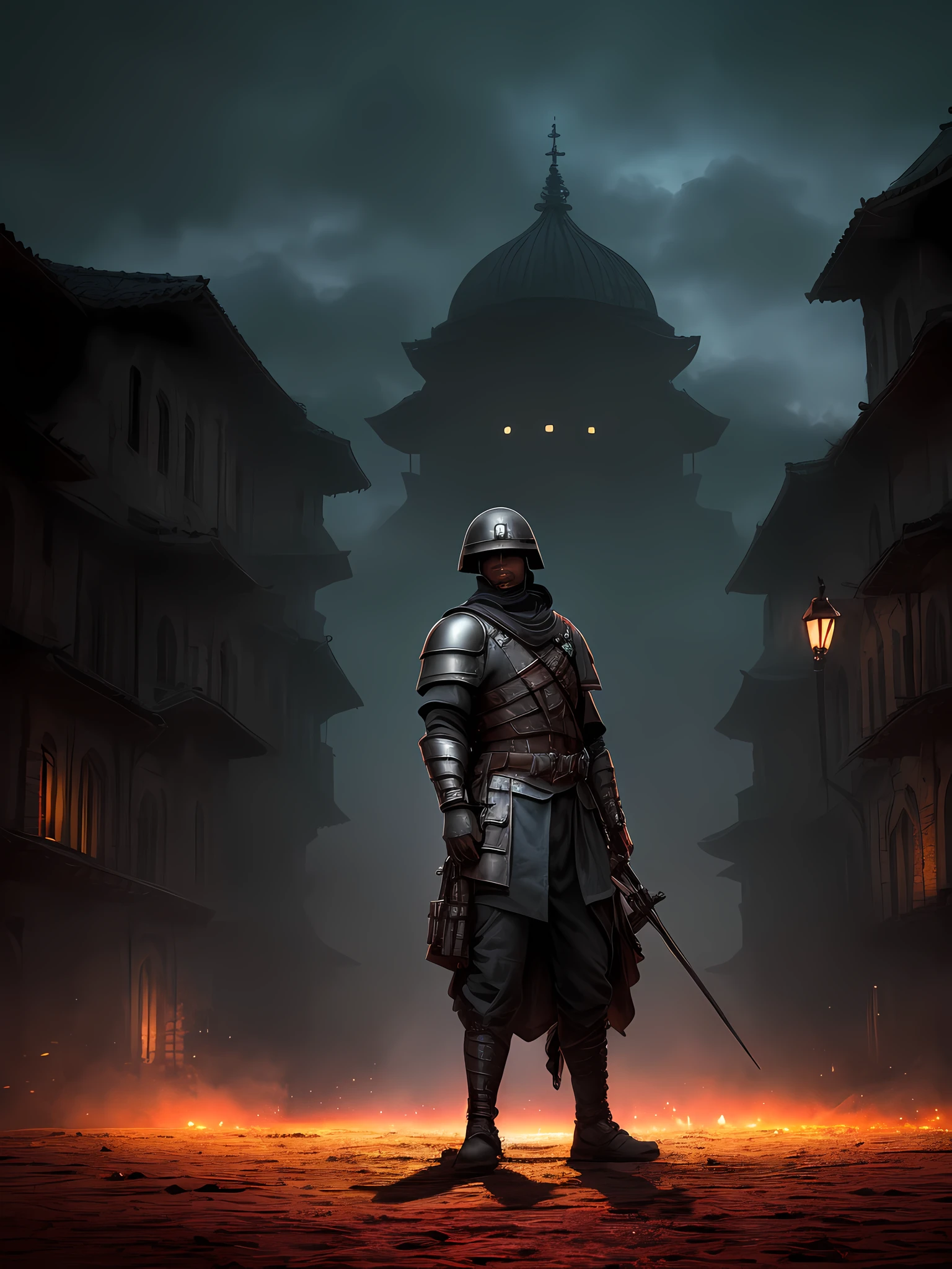 ((masterpiece)), (best quality), war hero standing in front of the palace in the middle of the night, deaths everywhere, dark background, minute details, soldier or warrior with armor, high quality, blood particles and modes Forum, dim light, x