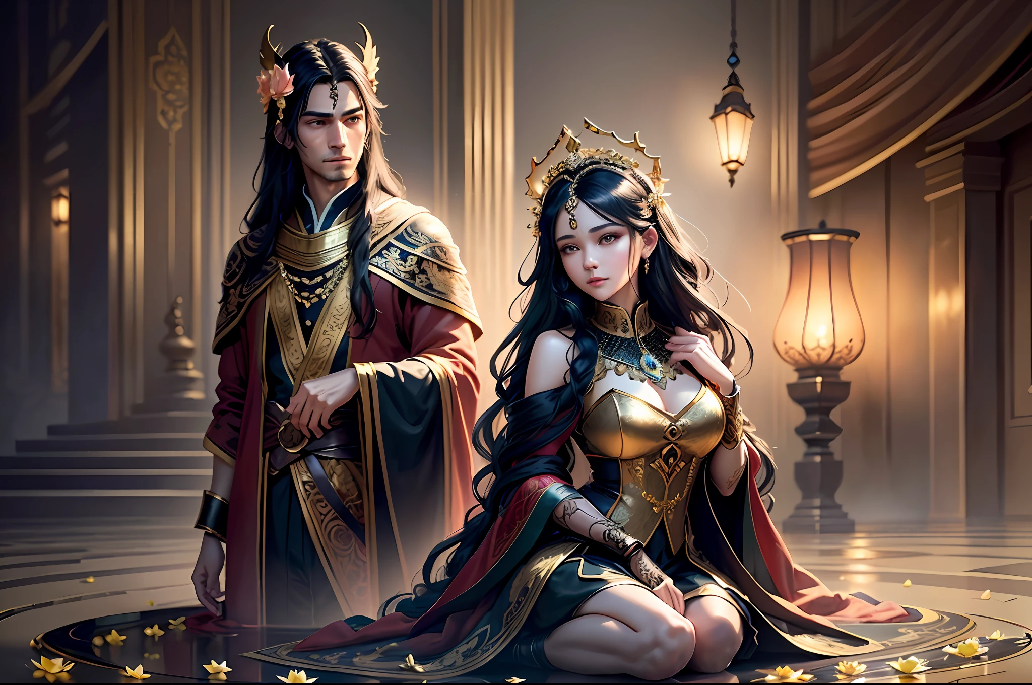 Masterpiece, Best Quality, (Very Detailed CG Unity 8k Wallpaper), (Best Quality), (Best Illustration), (Best Shadows), Absurd, Realistic Lighting, (Abyss), Beautiful Detailed Glow, Peter Mohr Beighter's art, masterpiece, best quality, (very detailed CG unified 8k wallpaper), (best quality), (best illustration), (best shadow), ultra-detailed, "They are an ancient couple, | The boy is tall, broad shoulders and strong arms, his face is well-defined, handsome, and his eyes are deep and clear. He wore a wide robe with exquisite embroidery on it, a pair of loose pants underneath, and a pair of leather boots under his feet, and the whole person looked calm and restrained. | The girl has a graceful figure, smart and beautiful, and her big eyes and long black hair make her look extremely charming. She wore a bright red robe with exquisite embroidery and gold thread, the hem of the dress fluttered in the wind, and a pair of red embroidered shoes at the corner of the skirt made her look beautiful and cute. They came to a lotus pond, and the lotus flowers glowed faintly golden in the moonlight, which was very beautiful. "Digital Art, trending artstation, 4K, high detail, cinematic lighting, intricate, high detail, sharp-focused, dramatic, realistic