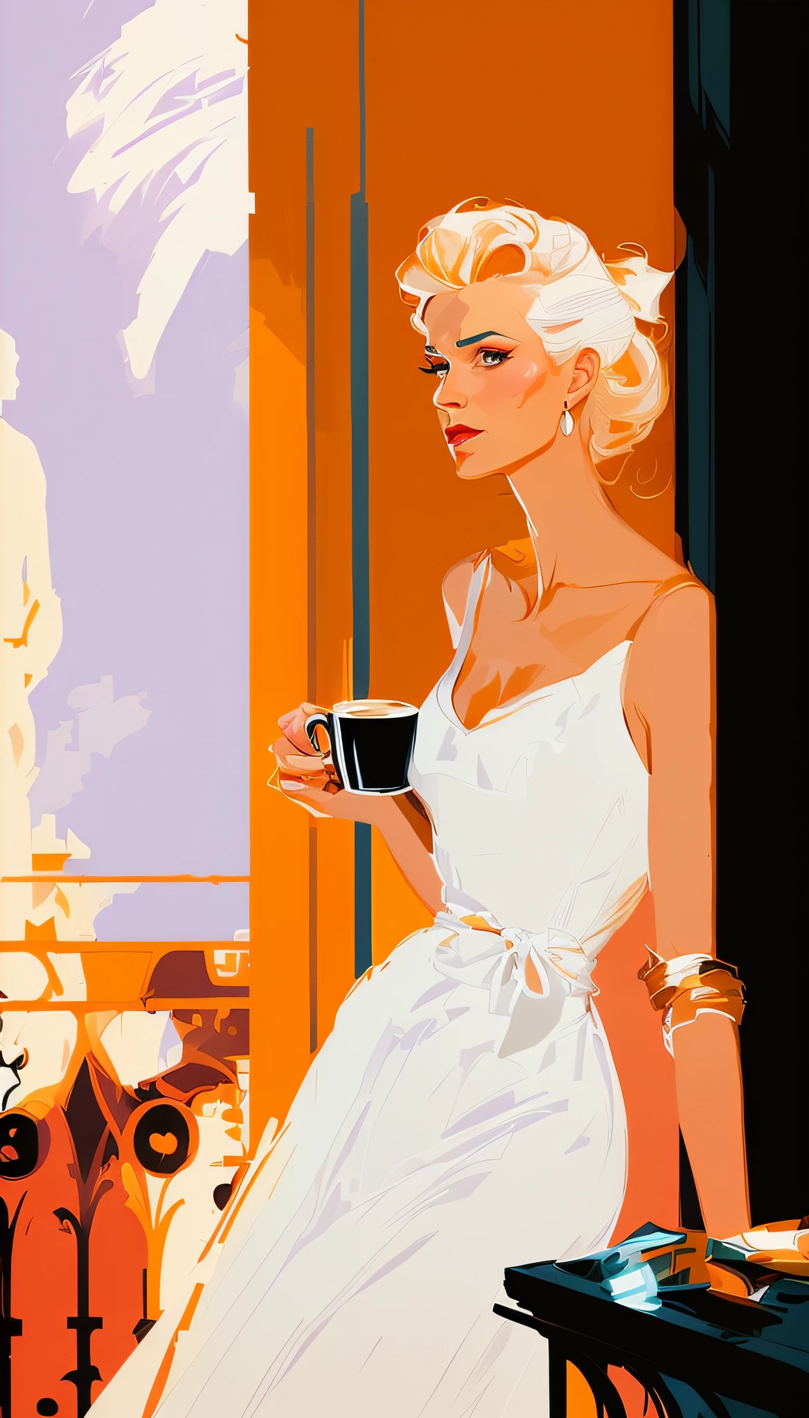 arafed woman in a white dress holding a cup of coffee, otto schmidt, martin ansin, by Tomer Hanuka, ( ( mads berg ) ), martin ansin artwork portrait, portrait of morning coffee, by Marius Borgeaud, by Craig Thompson, by Austin Briggs, inspired by Enrique Simonet, by Rinaldo Cuneo