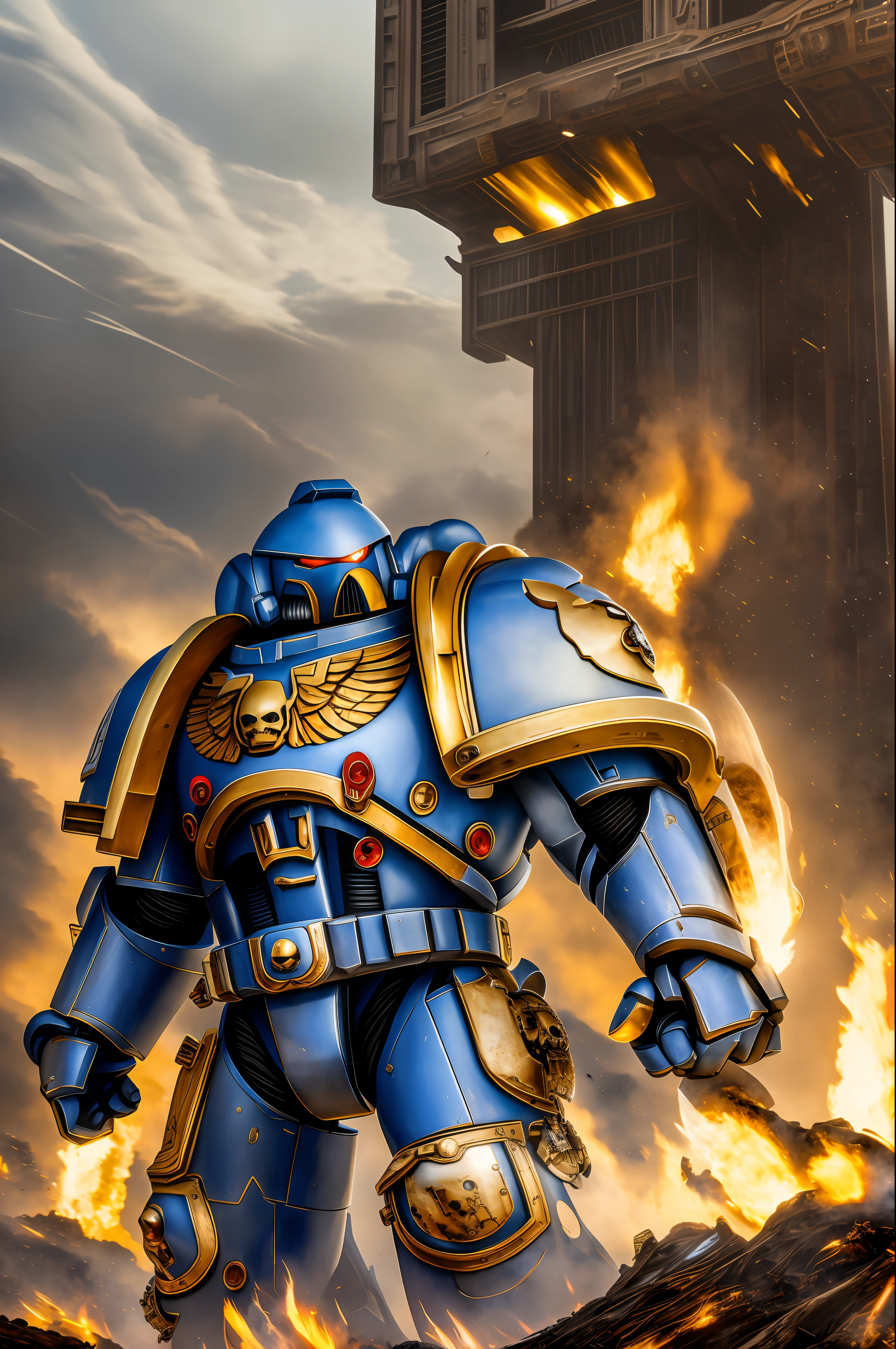 strong man, masterpiece, space marine,(Epic armor, metal reflections), hdr, best quality, uhd, 8k resolution, best light, realistic, detailed background, detailed face, detailed hands, full body, (city ruins)(open field surrounded by fire), (alien planet), (spaceships flying in the sky)