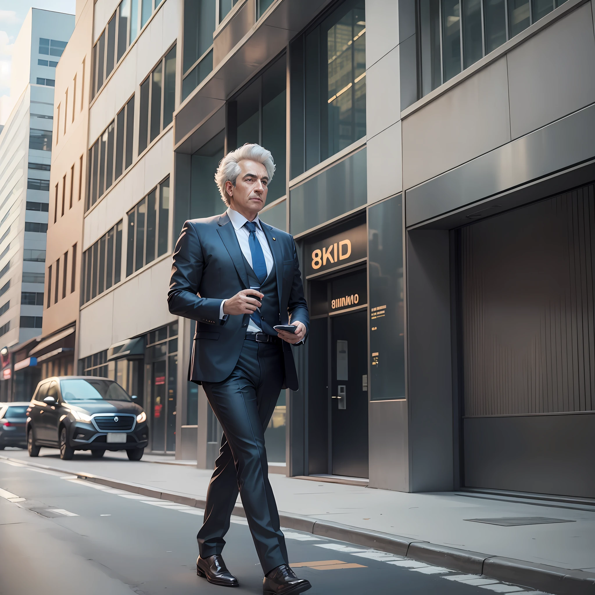 A rich businessman on the street in front of a futuristic office about ultra realistic 8K cinematic business --auto --s2