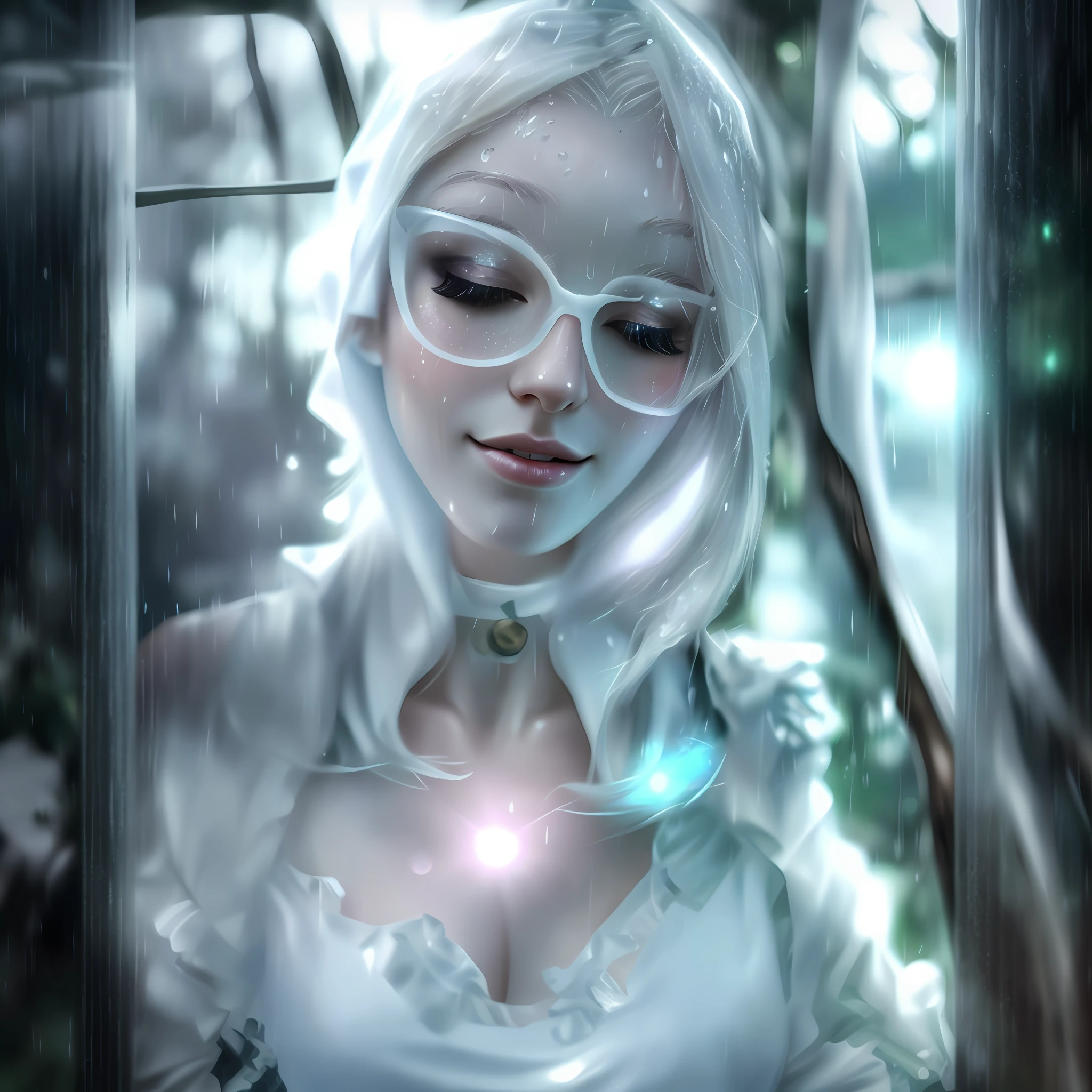 (Ultrarealistic: 1.2) natural lighting, grainy, high res, elf woman in [(white dress, white cape over shoulders: 1.1): wet: 0.40], (looking up: 1.2), eyes closed, fantasy forest, hood, (rain: 1.2), twilight, white hair, ultra detailed hair