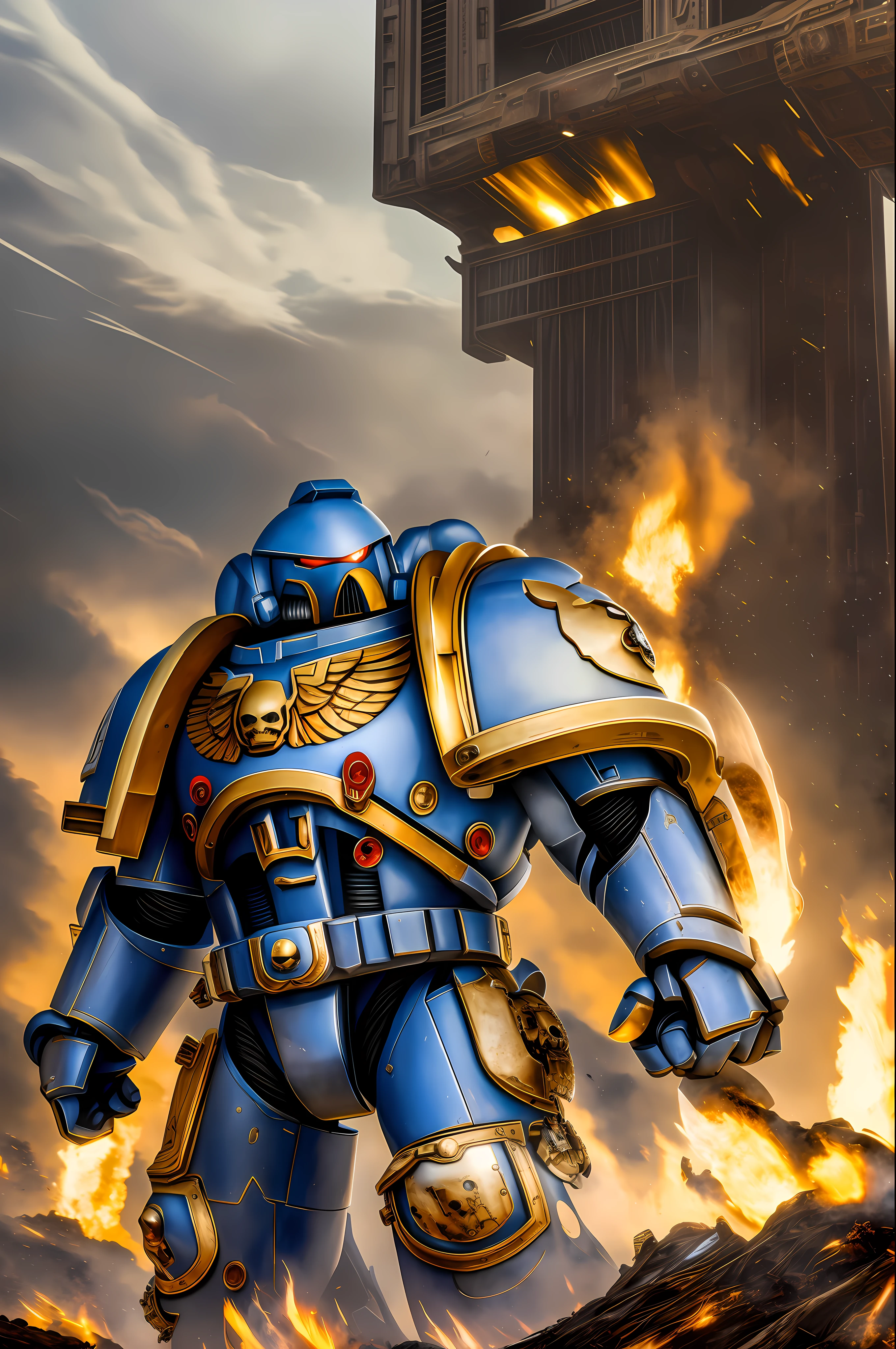 strong man, masterpiece, space marine,(Epic armor, metal reflections), hdr, best quality, uhd, 8k resolution, best light, realistic, detailed background, detailed face, detailed hands, full body, (city ruins)(open field surrounded by fire), (alien planet), (spaceships flying in the sky)
