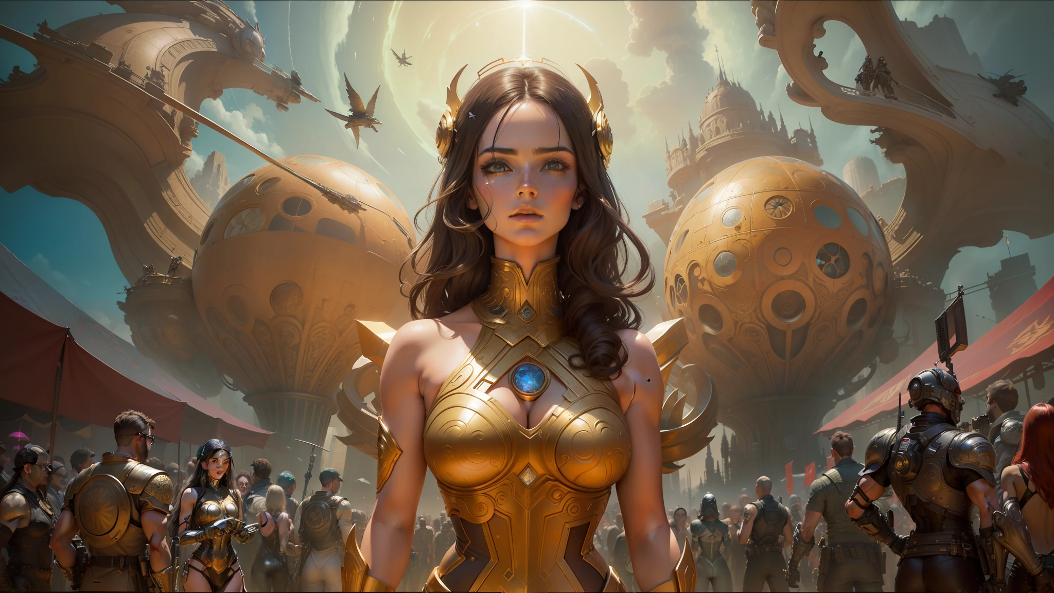 a woman in a futuristic suit standing in front of a crowd of people, mark brooks and brad kunkle, as a retro futuristic heroine, inspired by Philippe Druillet, portrait futuristic solider girl, by John Avon, computer painting, art foreground : eloy morales, golden goddess athena, brandishing cosmic weapon, portrait of megan fox as a queen, psychedelic trippy visionary art --auto --s2