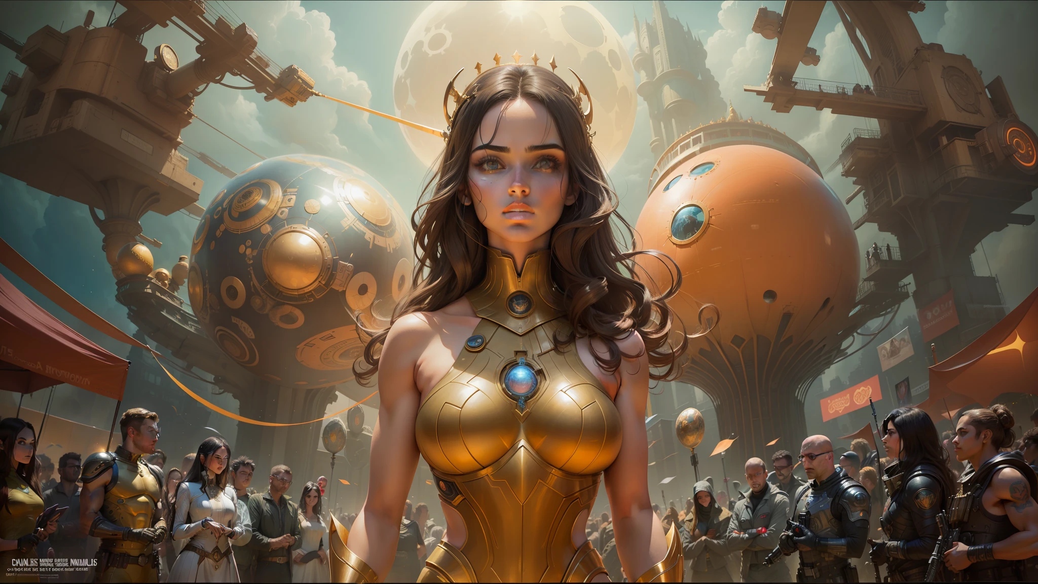 a woman in a futuristic suit standing in front of a crowd of people, mark brooks and brad kunkle, as a retro futuristic heroine, inspired by Philippe Druillet, portrait futuristic solider girl, by John Avon, computer painting, art foreground : eloy morales, golden goddess athena, brandishing cosmic weapon, portrait of megan fox as a queen, psychedelic trippy visionary art --auto --s2