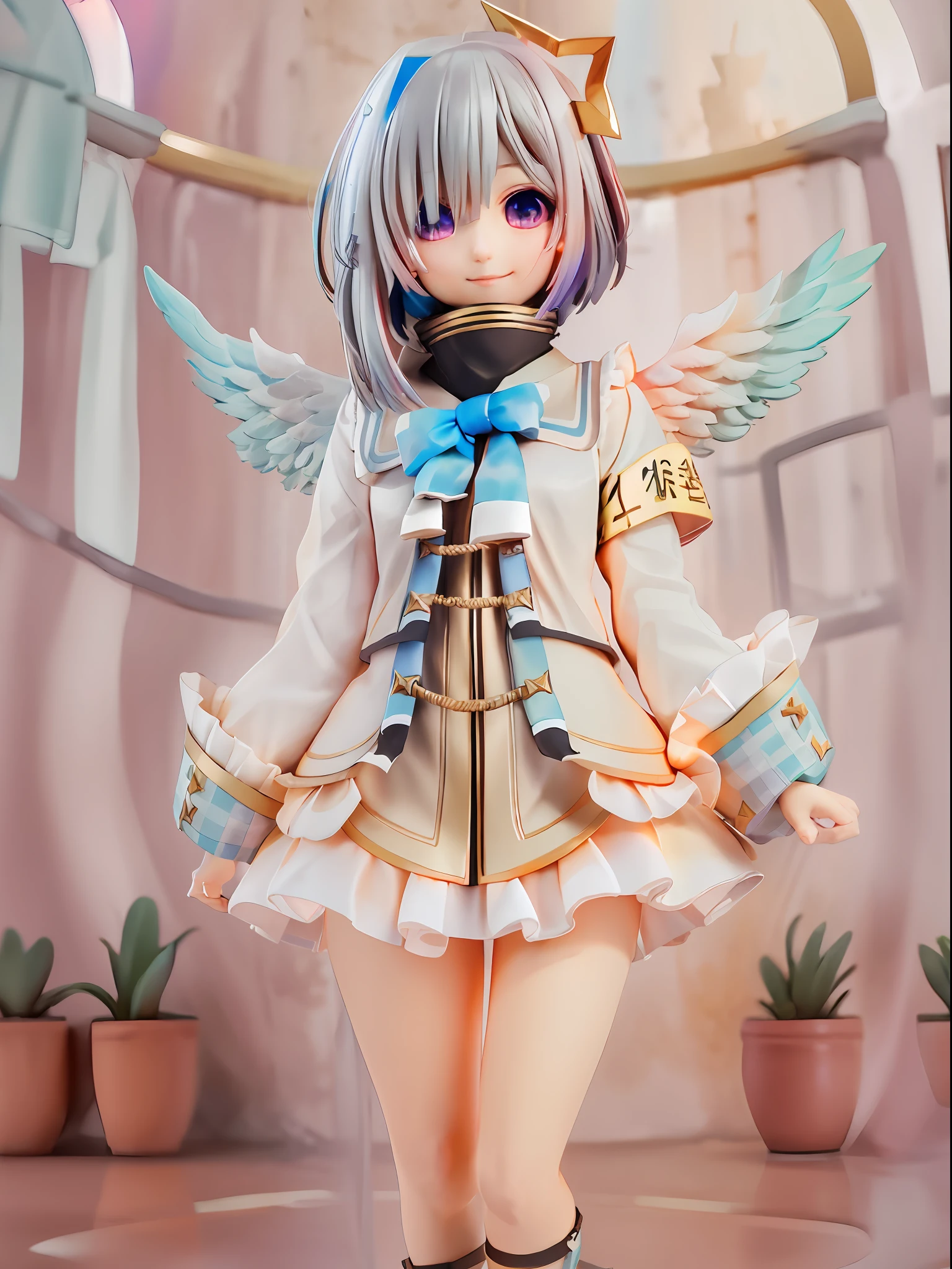 girl, amane kanata, star halo, solo, halo, angel wings, multicolored hair, asymmetrical hair, single hair intake, purple eyes, armband, 
BREAK
short hair, blue hair, grey hair, socks, long sleeves, grey jacket, bob cut, streaked hair, bangs, frills, wide sleeves, white wings, 
BREAK
black skirt, hair over one eye, frilled skirt, blue socks, sleeves past wrists, turtleneck dress, miniskirt, blue wings, cowboy shot, walking, garden,
BREAK
full body, chibi, [realistic], [3d], (3dcg), ((octane render)), [fisheye], smile, closed mouth, full body
BREAK
(8k, RAW photo, best quality, masterpiece:1.2), ultra high res, (((realistic, photo-realistic))), professional lighting, detailed lighting, professional photography, fisheye, dynamic angle, high quality, high res, extremely detailed, bloom
BREAK
depth of field, sketch, sharp focus, soft lighting, good composition, god light highlight, detailed, (((photorealistic details))), detailed skin, to8contrast style