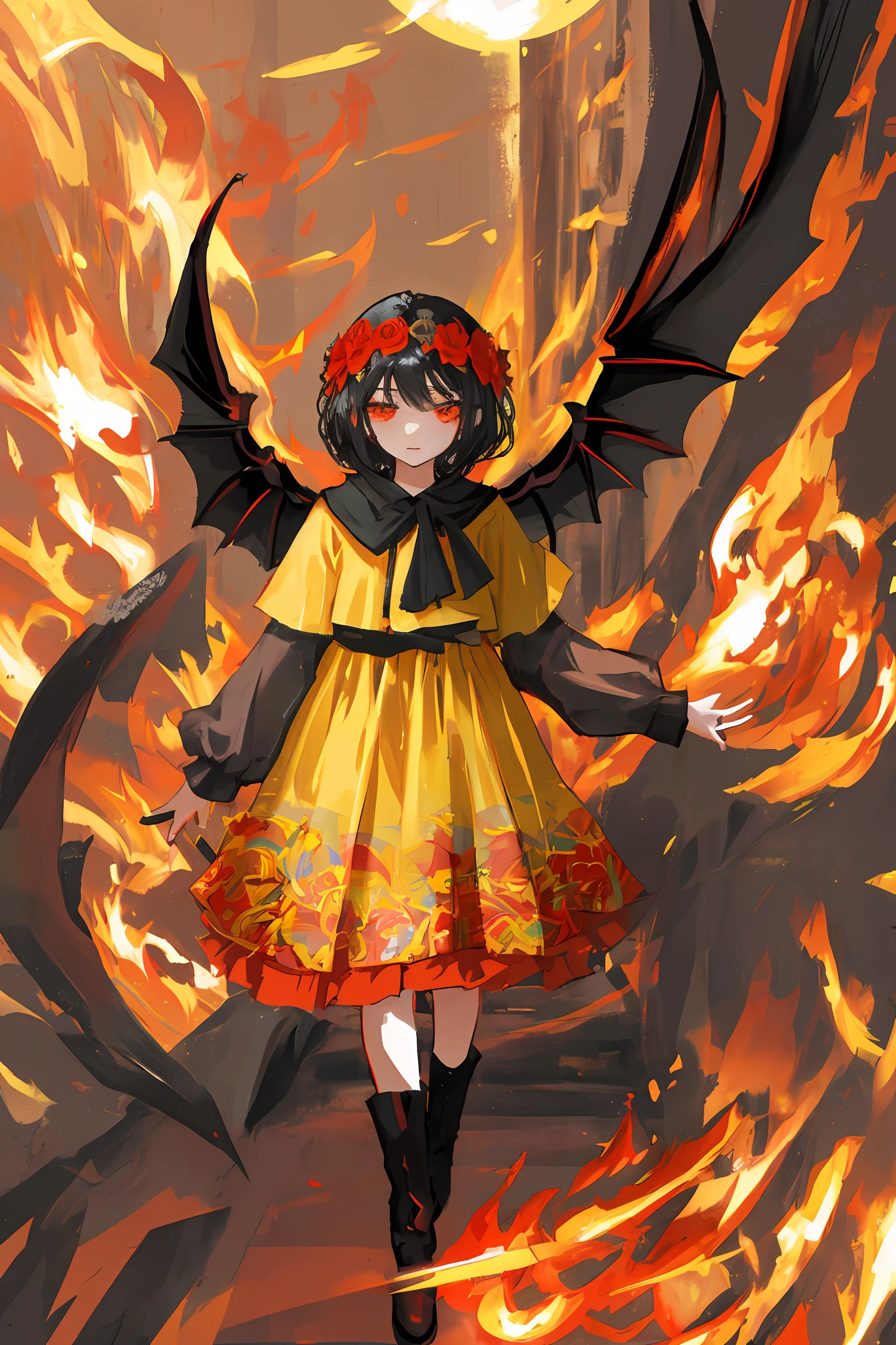 black hair, flower, masterpiece, best quality, 1girl, beautiful demon with big bat wings, surrounded by flames, using golden slave, childish expression
