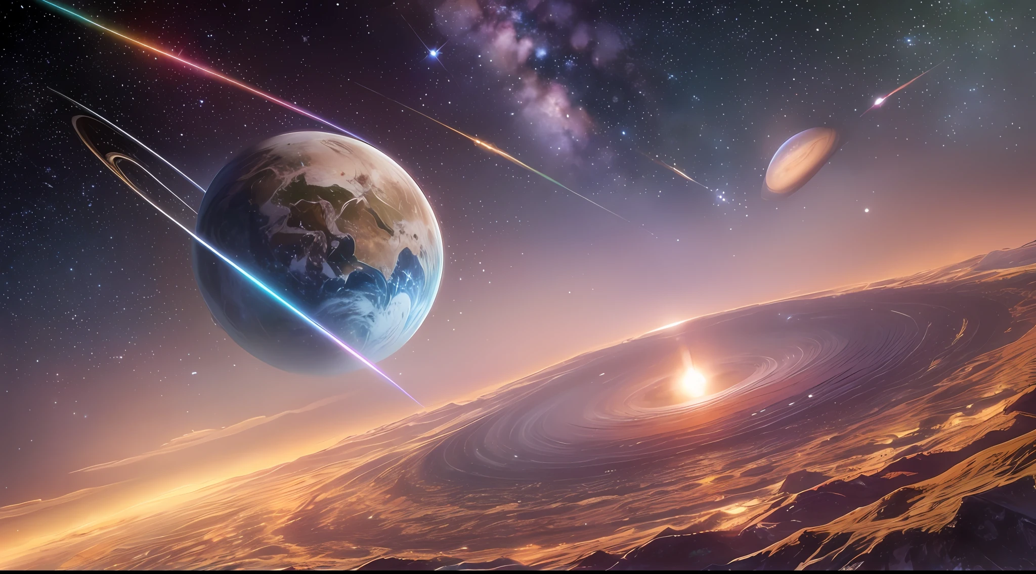 (beautiful universe+majestic:1.2),outer space,16k more | less,beautiful,yielded a masterpiece,planets,stars,(solar system + sun:c) dazzling,incredible colors,colorful rings around the planet, nebulae,via lactea,majestic galaxies,deep mysteries of the universe.