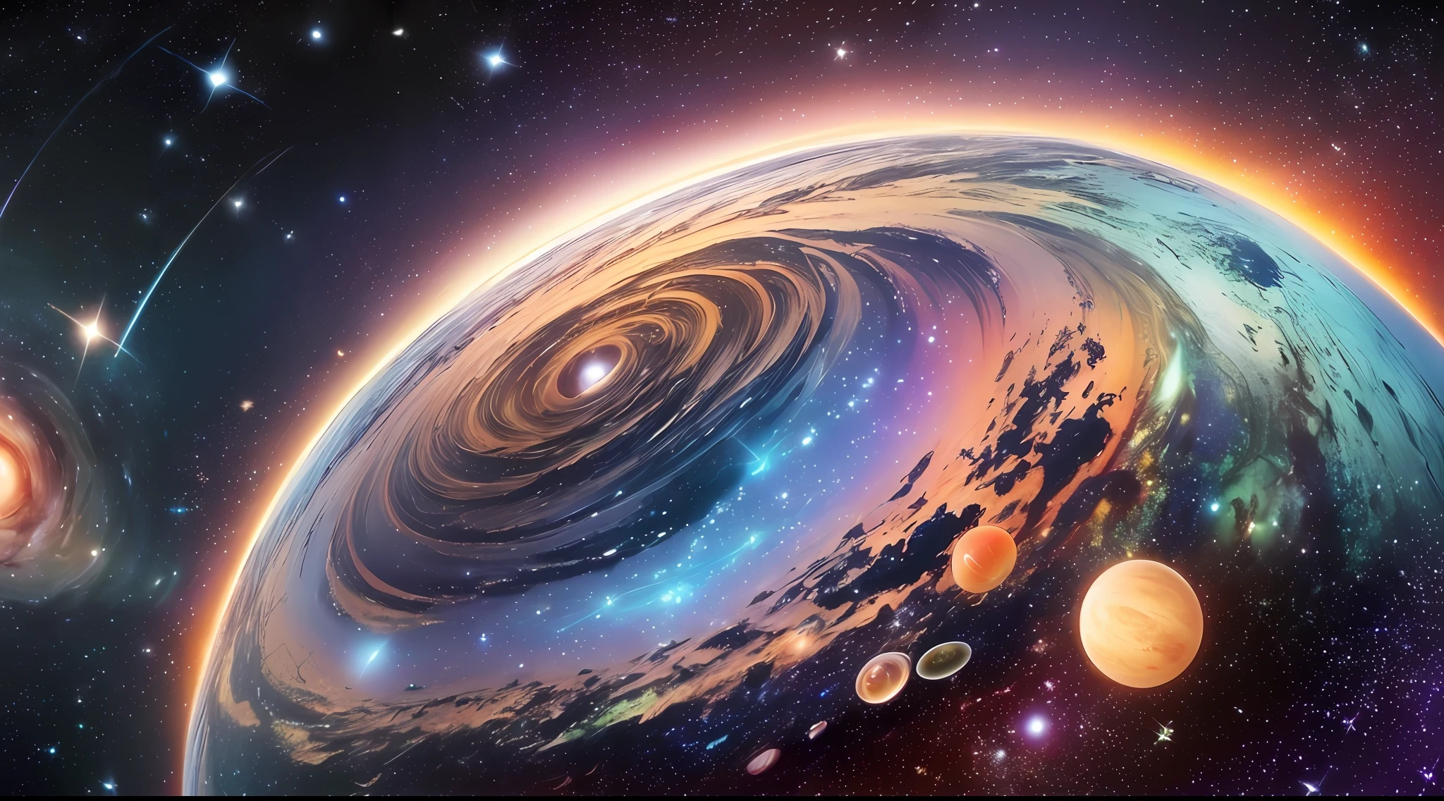 (beautiful universe+majestic:1.2),outer space,16k more | less,beautiful,yielded a masterpiece,planets,stars,(solar system + sun:c) dazzling,incredible colors,colorful rings around the planet, nebulae,via lactea,majestic galaxies,deep mysteries of the universe.
