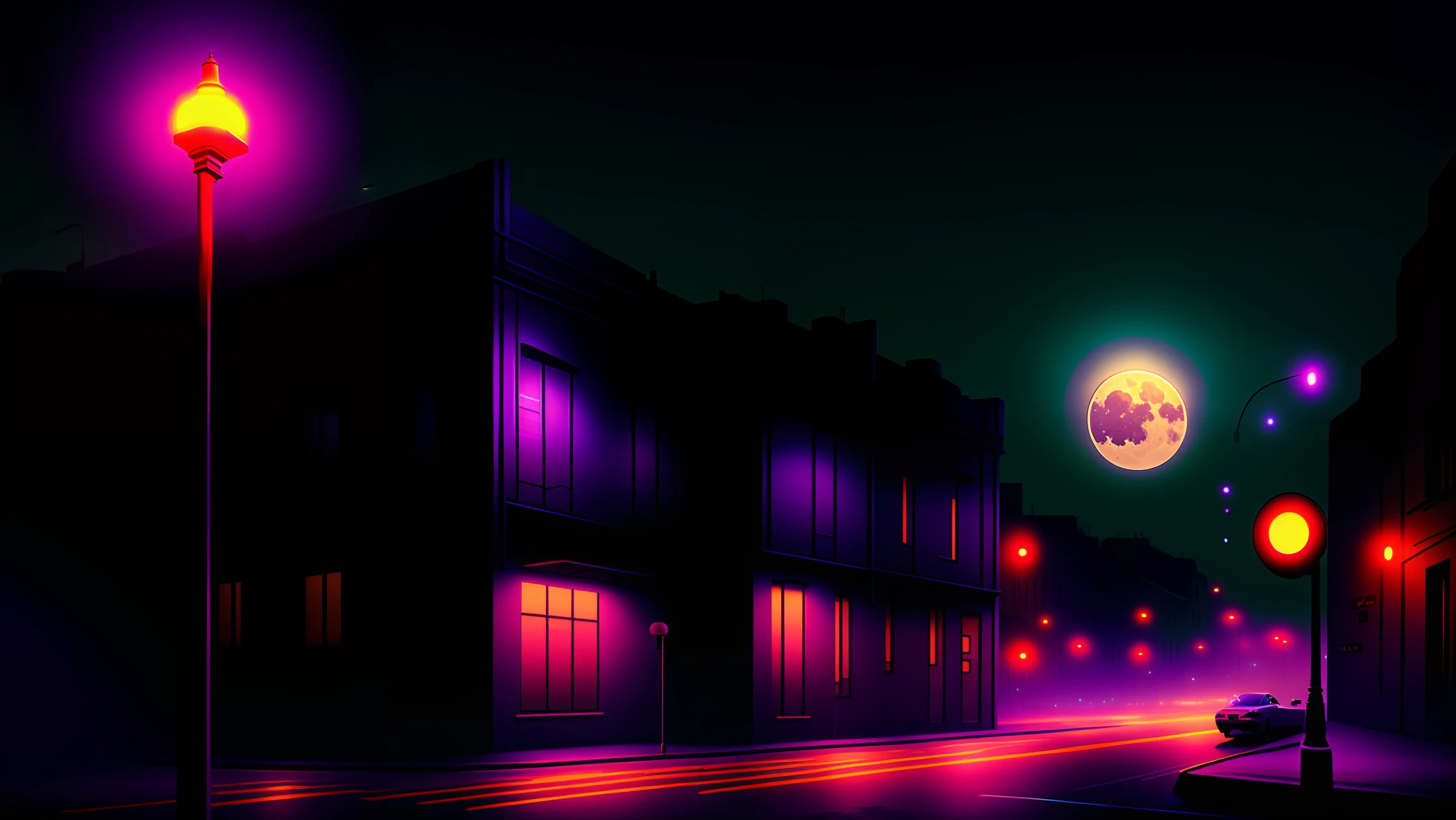nighttime scene of a city street with a street light and a building, a matte painting inspired by Beeple, cg society contest winner, magical realism, calm night. digital illustration, stylized urban fantasy artwork, magical realism style, atmospheric. digital painting, street moon landscape, street city night, cinematic neon matte painting, night cityscape, night street, magical colors and atmosphere
