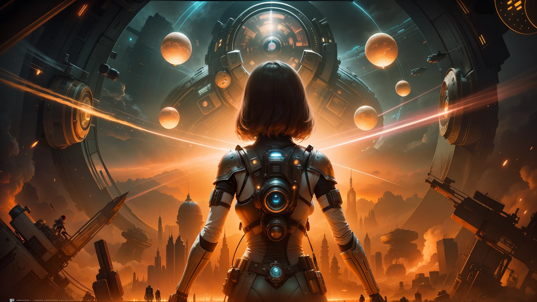 arafed image of a woman in a sci - fi outfit standing in front of a giant screen, steam-punk illustration, lucy in the sky with diamonds, from a 2 0 1 9 sci fi 8 k movie, panoramic centered view of girl, mastodonic, imax, promotional art, dmt visuals, john stephens, protagonist in foreground --auto --s2