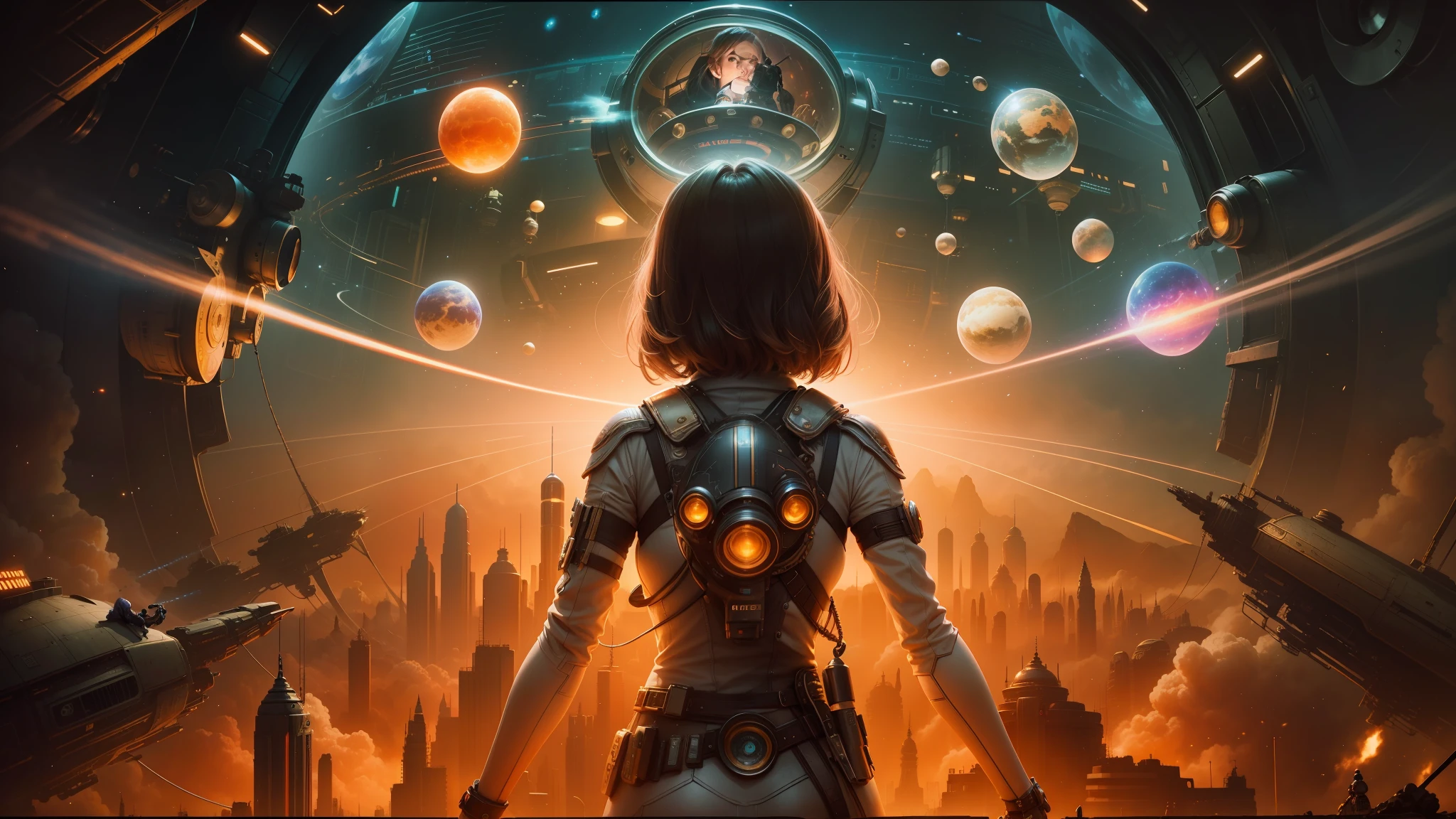 arafed image of a woman in a sci - fi outfit standing in front of a giant screen, steam-punk illustration, lucy in the sky with diamonds, from a 2 0 1 9 sci fi 8 k movie, panoramic centered view of girl, mastodonic, imax, promotional art, dmt visuals, john stephens, protagonist in foreground --auto --s2