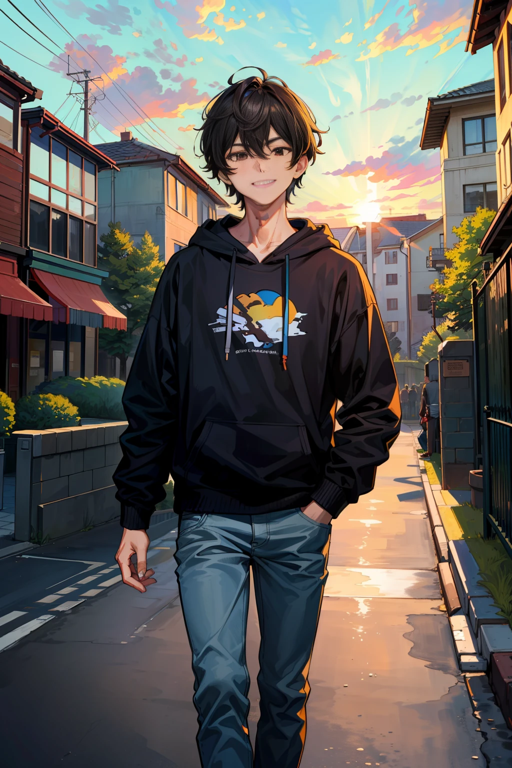 Masterpiece: 1.5), (Best Quality: 1.5), (Ultra Fine Illustration: 1.5), (Masterpiece), High Quality, High Detail, ((Unbeatable Masterpiece, Best Quality, Perfect Work of Art)), An 18-Year-Old Boy, Short Black Hair, Brown Eyes, Brown Hoodie, Jeans, School Gate, Evening Sun, Walking on the Road, Pocket in One Hand, Smiling,