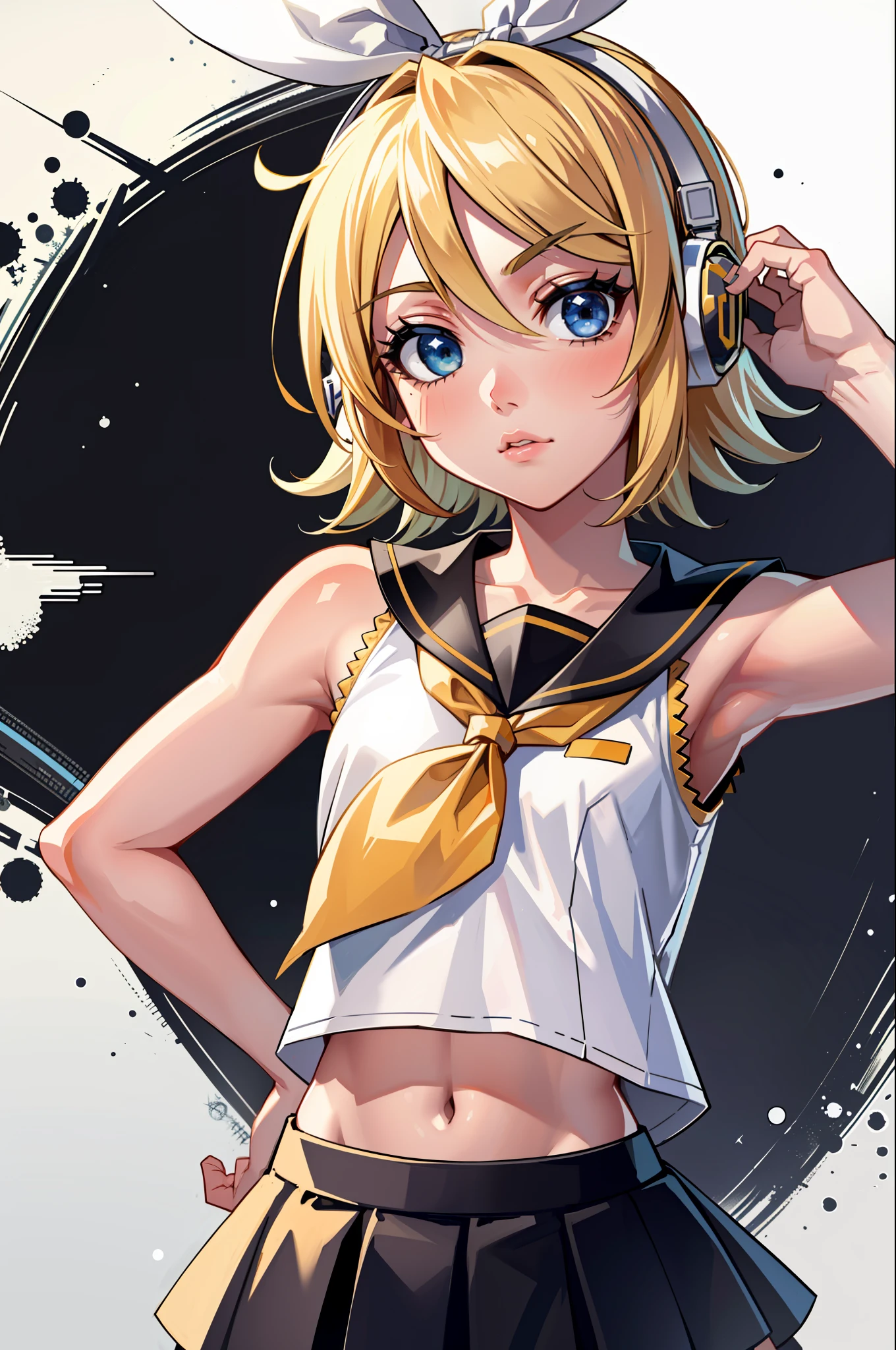 masterpiece, best quality, absurd, perfect anatomy, 1girl, solo, Kagamine Rin, short hair, hair ribbon, number tattoo, bow, white shirt, unbuttoned sleeves, sailor collar, headphones, close-up, looking at the viewer, (upper body: 1.2), standing