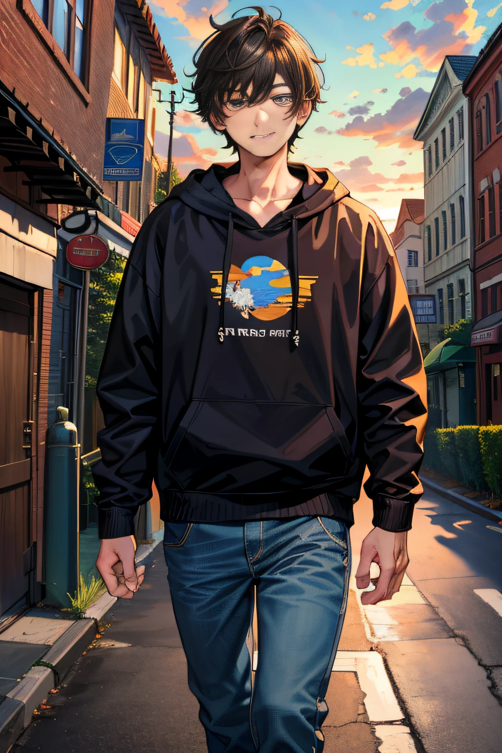 Masterpiece: 1.5), (Best Quality: 1.5), (Ultra Fine Illustration: 1.5), (Masterpiece), High Quality, High Detail, ((Unbeatable Masterpiece, Best Quality, Perfect Work of Art)), An 18-Year-Old Boy, Short Black Hair, Brown Eyes, Brown Hoodie, Jeans, School Gate, Evening Sun, Walking on the Road, Pocket in One Hand, Smiling,