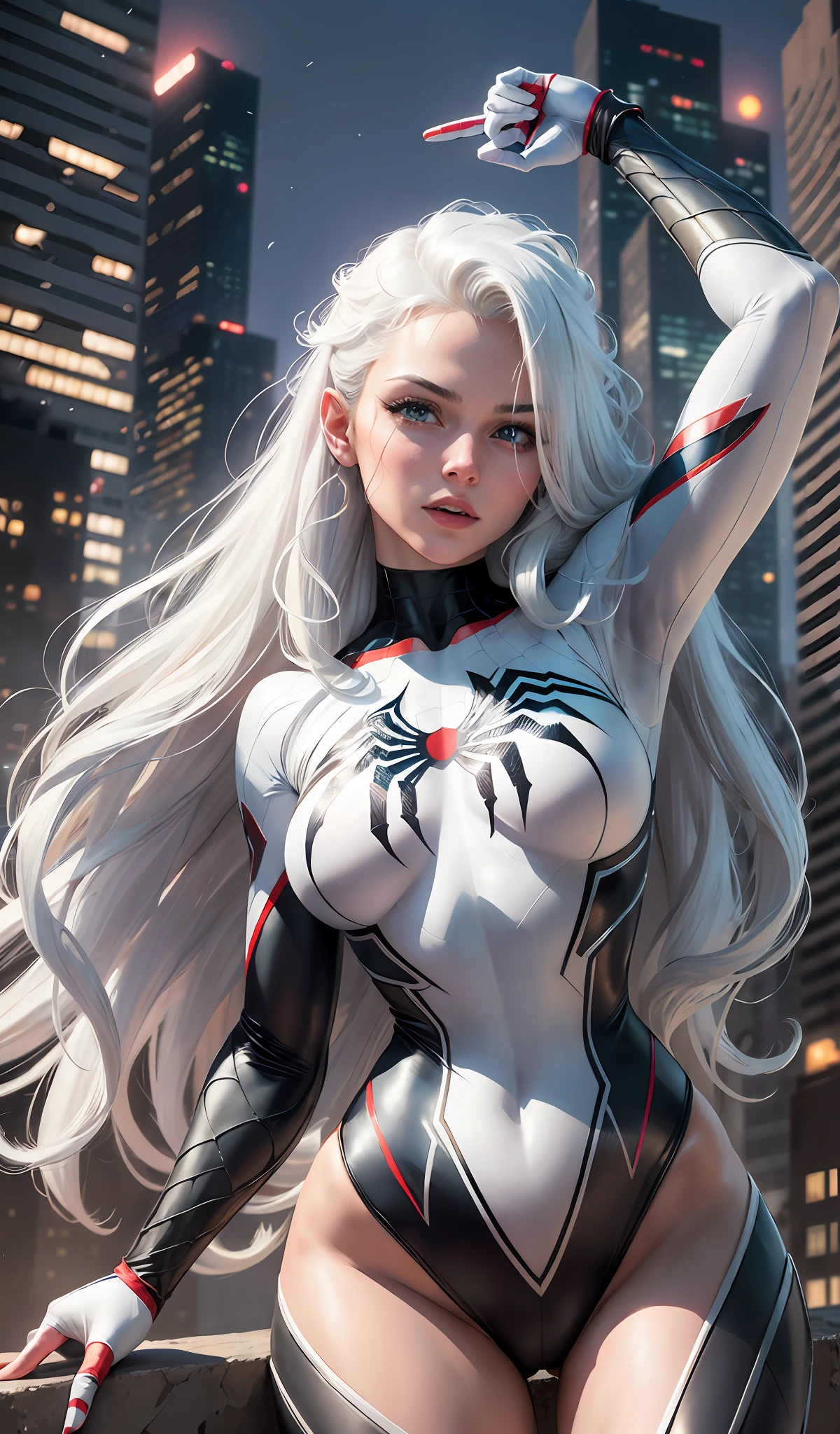 (Masterpiece, 4k resolution, ultra-realistic, very detailed), (White superhero theme, charismatic, there's a girl on top of town, wearing Spider-Man costume, she's a superhero), [ ((25 years), (long white hair:1.2), full body, (blue eyes:1.2), ((Spider-Man pose),show of strength, jumping from one building to another), ((sandy urban environment):0.8)| (cityscape, at night, dynamic lights), (full moon))] # Explanation: The Prompt mainly describes a 4K painting of ultra-high definition, very realistic, very detailed. It shows a superheroine at the top of the city, wearing a Spider-Man costume. The theme in the painting is a white superhero theme, the female protagonist has long white hair, is 25 years old and her entire body is shown in the painting. In terms of portraying the actions of superheroines, spiders are employed ,perfect hands, 5 fingers, 2 hands, flaws, perfect anatomy,