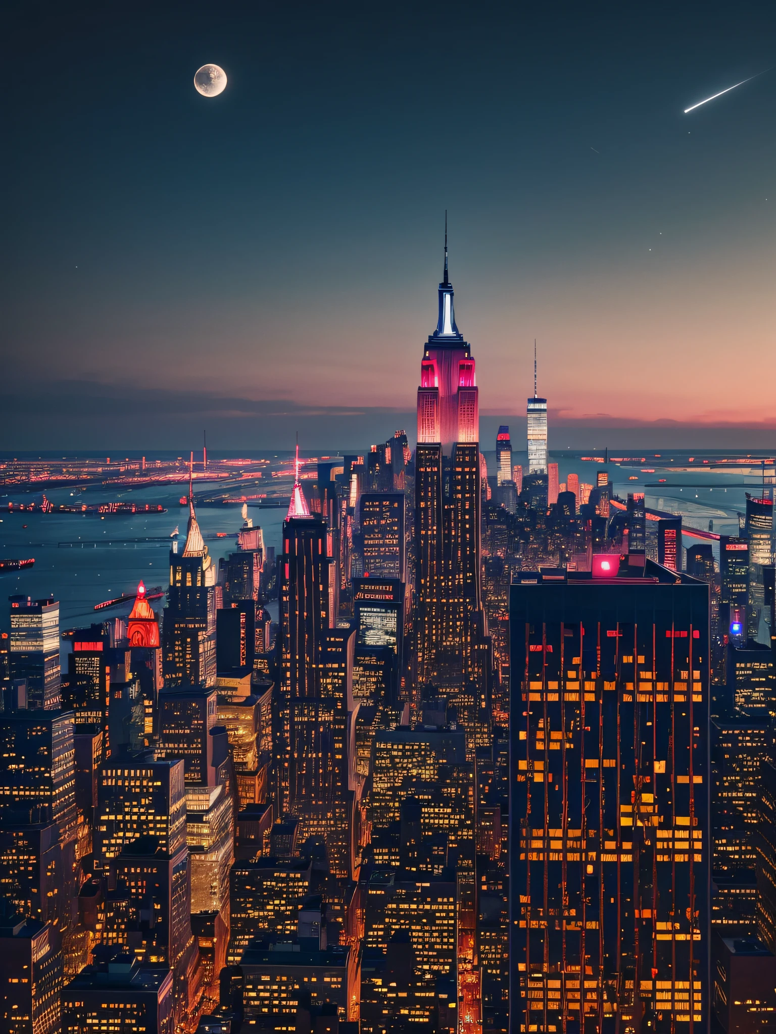 photo of new york taken from the top of a building, night, a moon on the horizon, windows of buildings illuminated, neon light in red and blue colors coming from the ground, high definition, full of detail, 4K, ultra HD --auto --s2