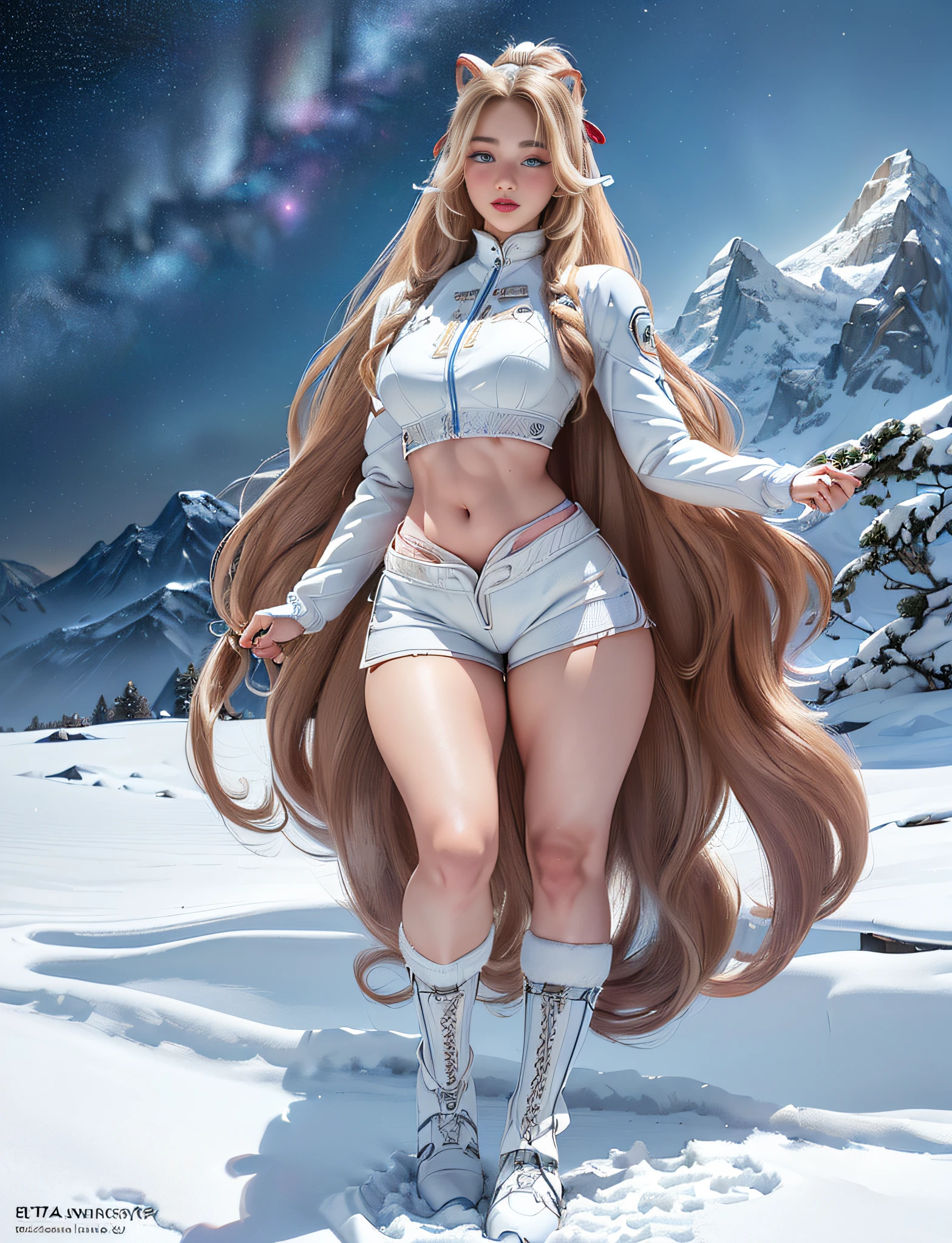 ((very detailed RAW color photo)), (((1 girl))), (((alone))), (((29 years))), ((athletic)), ((very defined toned physique)), ((very defined and beautiful muscular body)), (((very detailed perfect body))), (((small and defined breasts))), (((ultra defined curves))), (((superior quality, 8k, masterpiece: 1.3)), sharp focus: 1.2, (((extremely beautiful girl with perfect figure: 1.4))), ((very thin waist: 1.2)), ultra detailed skin texture, ((perfect and beautiful hands)), ((smooth and soft skin)), (ultra detailed fabric texture), extremely beautiful face ultra detailed, (((extremely beautiful))), ultra detailed, (((girl wearing a white snow jacket and white snow shorts with hiking boots))), (((modern and futuristic suit))), (((extremely long curly blonde hair))), extremely beautiful, (((extra long ponytail with bangs))), ((very detailed and beautiful wolf ears)), (hair on the face), ((hair ribbon)), dynamic pose, ((uniform leaves thighs exposed)), ((ultra detailed and toned legs)), (((ultra detailed waist))), (((very wide hips))), (((very thick and toned thighs))), (sexy), (((extreme hourglass figure))), (((very thick heart lips))), (((red lipstick)), ((ultra detailed lips)), ((ultra detailed blue eyes)), ((angry look)), (((staring at the viewer))), ultra detailed provocative mouth, extremely beautiful seductive lips, ((blushing)), (makeup), (((ultra defined waist))), eye shadow, (full body shot), with mountains in the background, very detailed starry sky, snow, stars