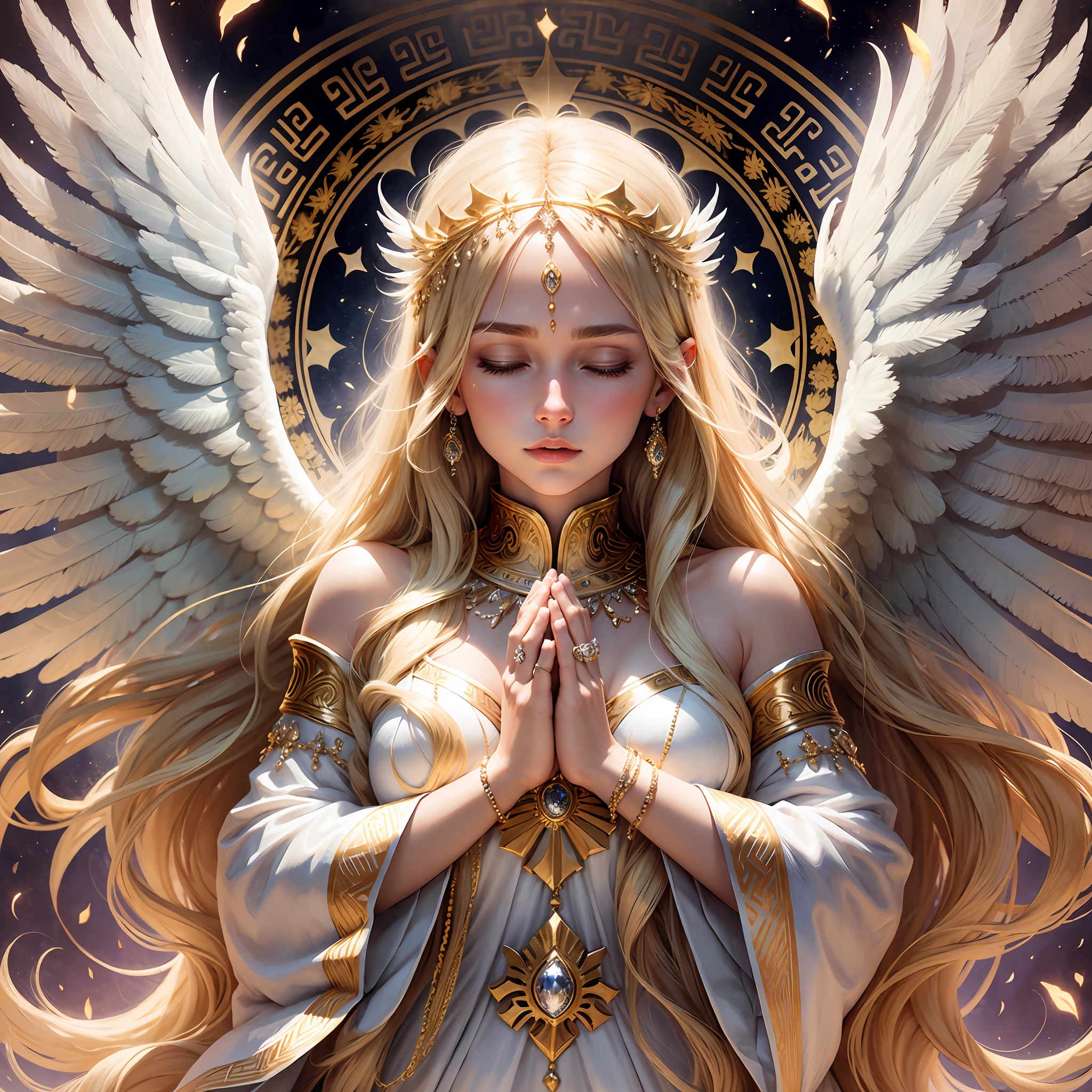 Blonde woman, angel wings, hands together, praying, eyes closed, long hair, white Greek clothes, surrounded by diamonds --auto --s2