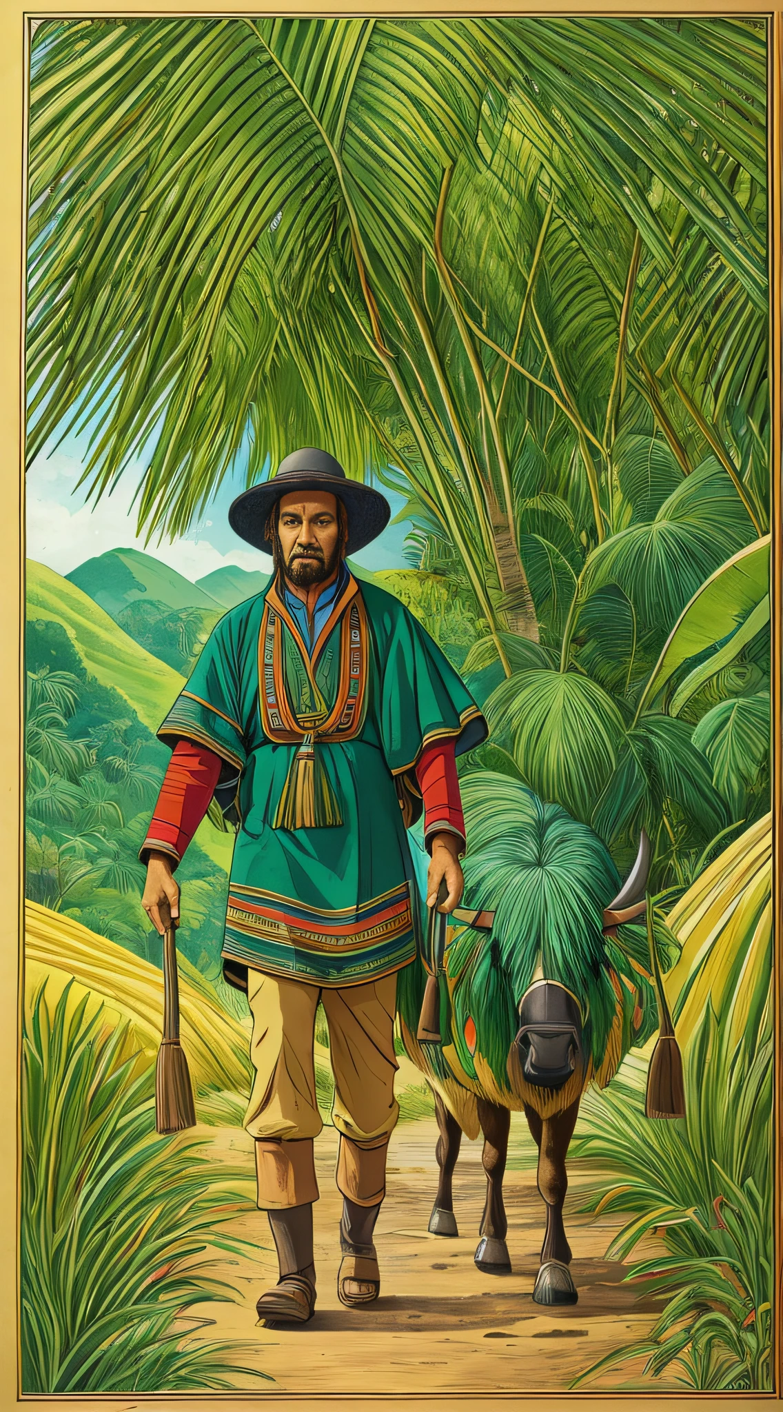 a bolivian man walking through green tropical fields with two ox, good drawing, beautifully composed, extemely detailed --auto --s2