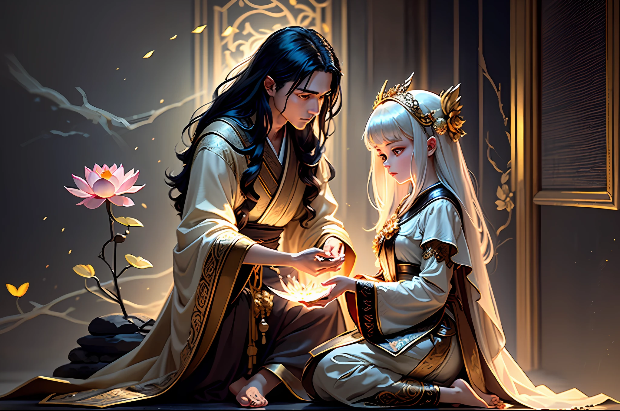 Masterpiece, Best Quality, (Very Detailed CG Unity 8k Wallpaper), (Best Quality), (Best Illustration), (Best Shadows), Absurd, Realistic Lighting, (Abyss), Beautiful Detailed Glow, Peter Mohr Beighter's art, masterpiece, best quality, (very detailed CG unified 8k wallpaper), (best quality), (best illustration), (best shadow), ultra-detailed, "They are an ancient couple, | The boy is tall, broad shoulders and strong arms, his face is well-defined, handsome, and his eyes are deep and clear. He wore a wide robe with exquisite embroidery on it, a pair of loose pants underneath, and a pair of leather boots under his feet, and the whole person looked calm and restrained. | The girl has a graceful figure, smart and beautiful, and her big eyes and long black hair make her look extremely charming. She wore a bright red robe with exquisite embroidery and gold thread, the hem of the dress fluttered in the wind, and a pair of red embroidered shoes at the corner of the skirt made her look beautiful and cute. They came to a lotus pond, and the lotus flowers glowed faintly golden in the moonlight, which was very beautiful. "Digital Art, trending artstation, 4K, high detail, cinematic lighting, intricate, high detail, sharp-focused, dramatic, realistic