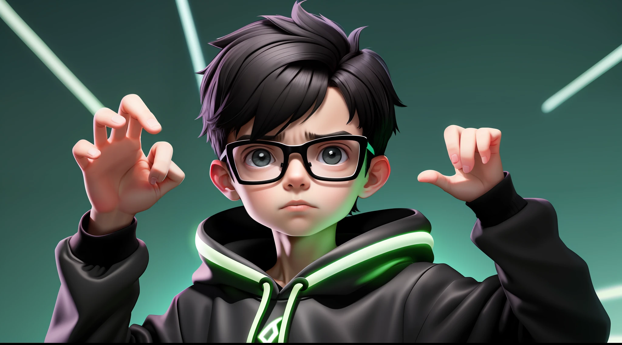 -yeld boith glasses, short black hair, surpenseful face, scared, who wears black hoodie, doing a magic with his hands that glow, Ben10 style in a magical setting with lights shining in his hand