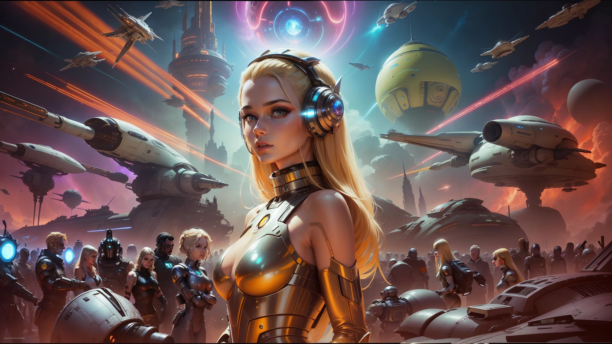 arafed image of a woman in a futuristic dress with a spaceship in the background, a sexy blonde warrior, psychedelic and glittering, inspired by Mort Künstler, large crowd of androids, android heroine, cyberwars, young blonde woman, raver girl, 7 0 s visuals, droid --auto --s2