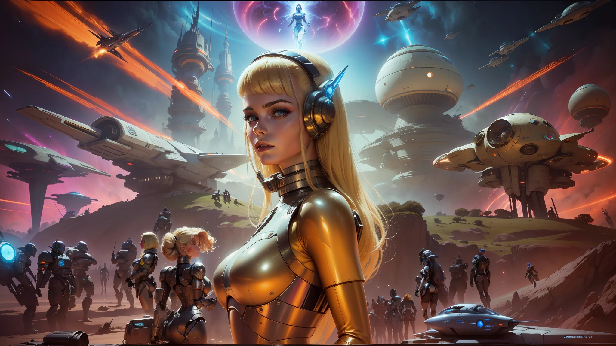 arafed image of a woman in a futuristic dress with a spaceship in the background, a sexy blonde warrior, psychedelic and glittering, inspired by Mort Künstler, large crowd of androids, android heroine, cyberwars, young blonde woman, raver girl, 7 0 s visuals, droid --auto --s2