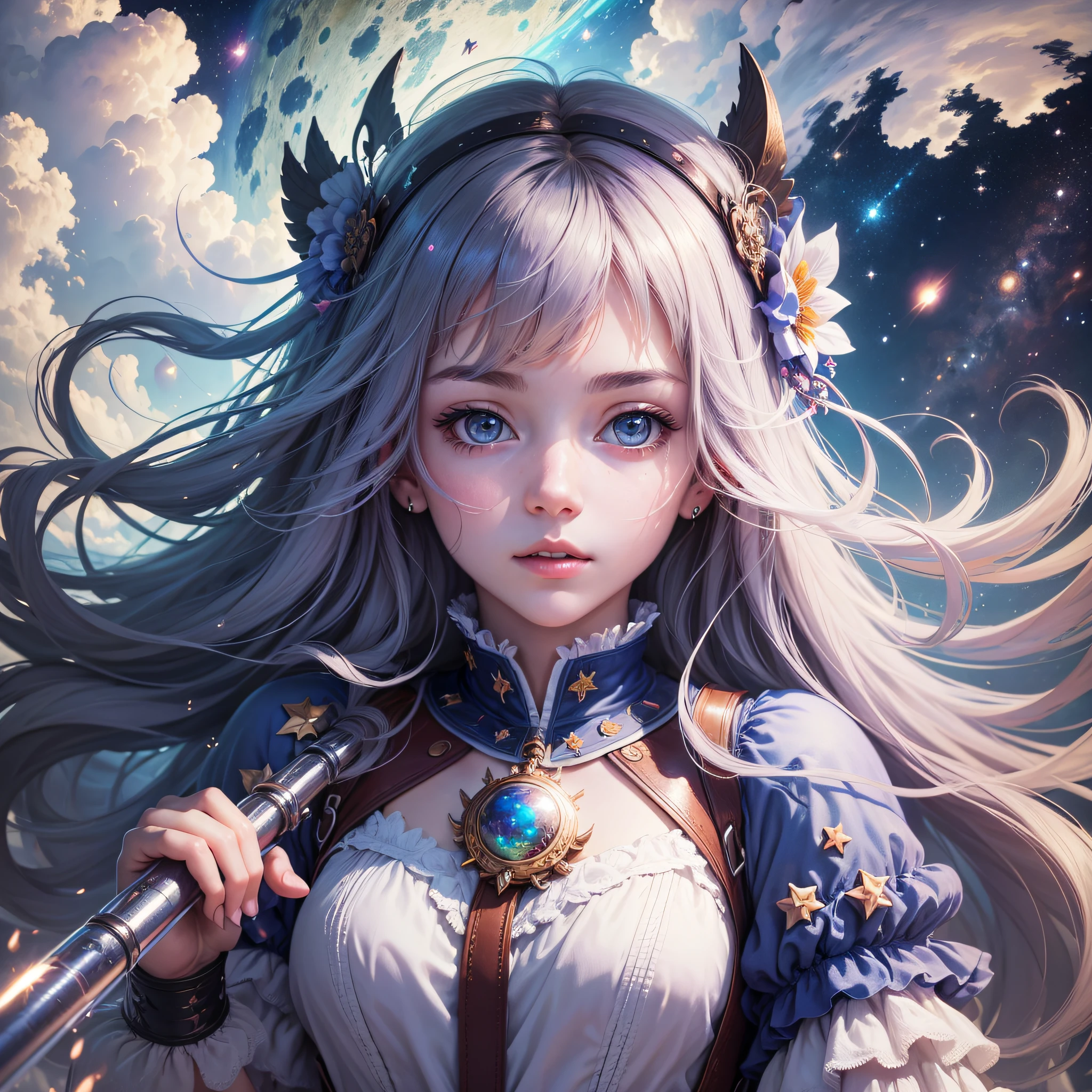 ridiculous resolution, high resolution, (masterpiece:1.4), super detailed, 1girl, seen from above, space, floating, --auto --v 6 --s2