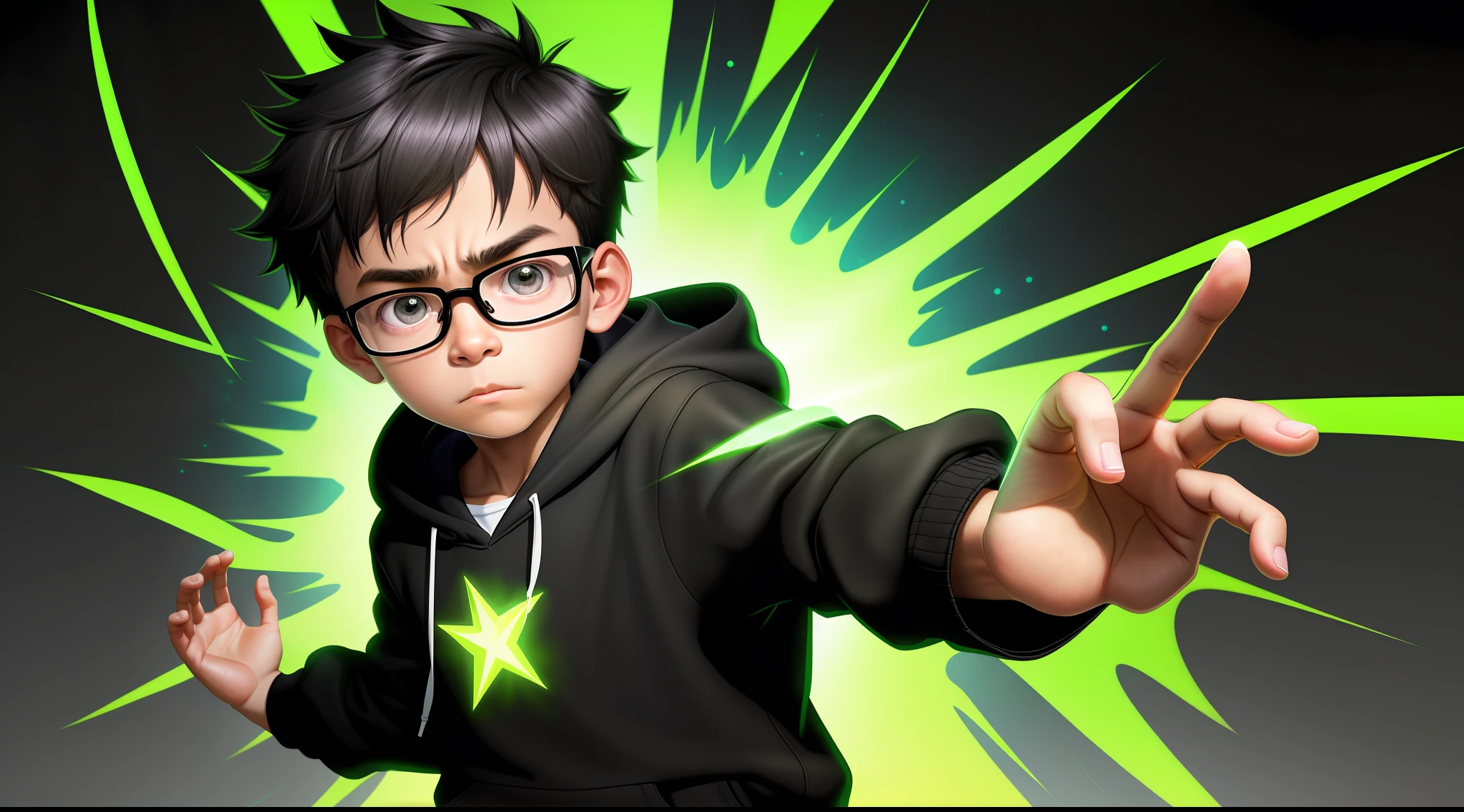 12-year-old boy with glasses, short black hair, surpenseful face, scared, wearing black hoodie, shooting magic with his hands that glow, Ben10 style in a magical setting with lights shining out of his hand