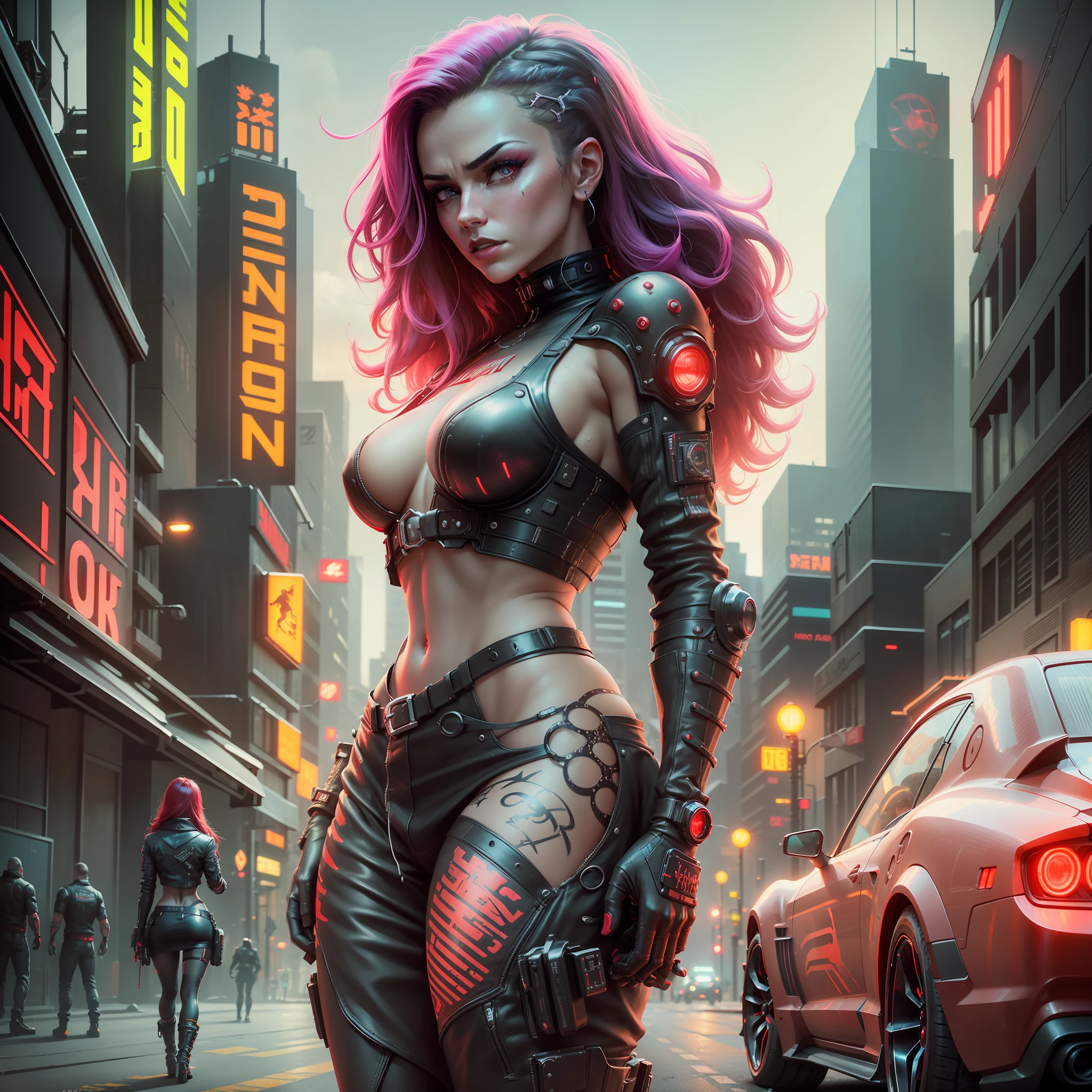 there is a beautiful women standing in street, (cyberpunk muscle car behind her), with a red light, red and cinematic lighting, cinematic red lighting, inspired by cyberpunk2077, cyberpunk lighting, cyberpunk with neon lighting, altered carbon style, seductive cyberpunk dark fantasy, neons, colors, more red colour, cyberware, foggy, (holding sci-fi weapon), armor