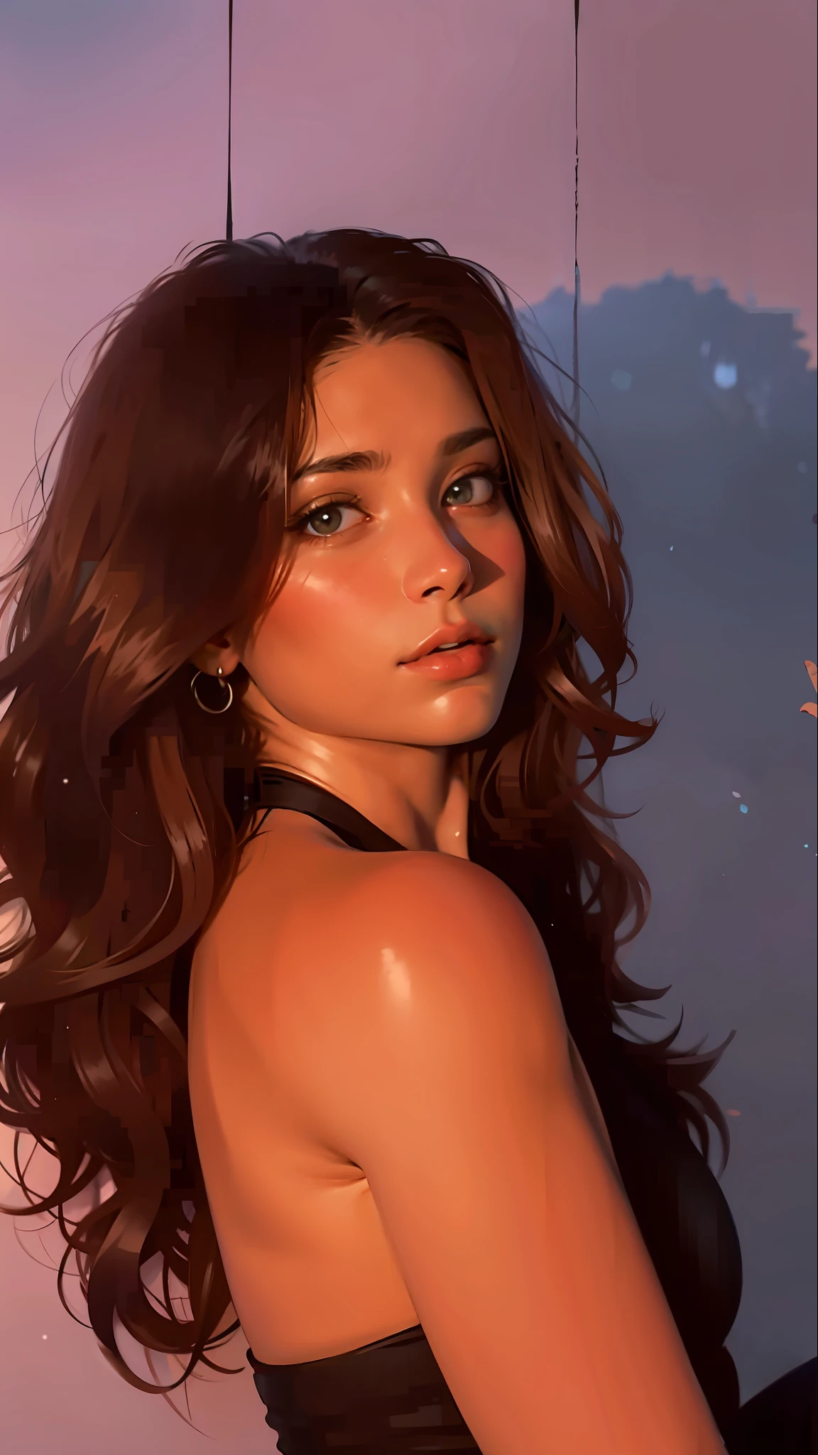 a hyper-realistic portrait of a young woman, half asleep, under a tree, inside a forest, in the middle of nature, 22 years old, realistic, (lying on her side), she is wearing a red panties, (wearing a garter belt and black pantyhose), sexy, (huge breasts 2:1), torn, (all torn), short brown hair, (hair tied with bows), curved, SFW
