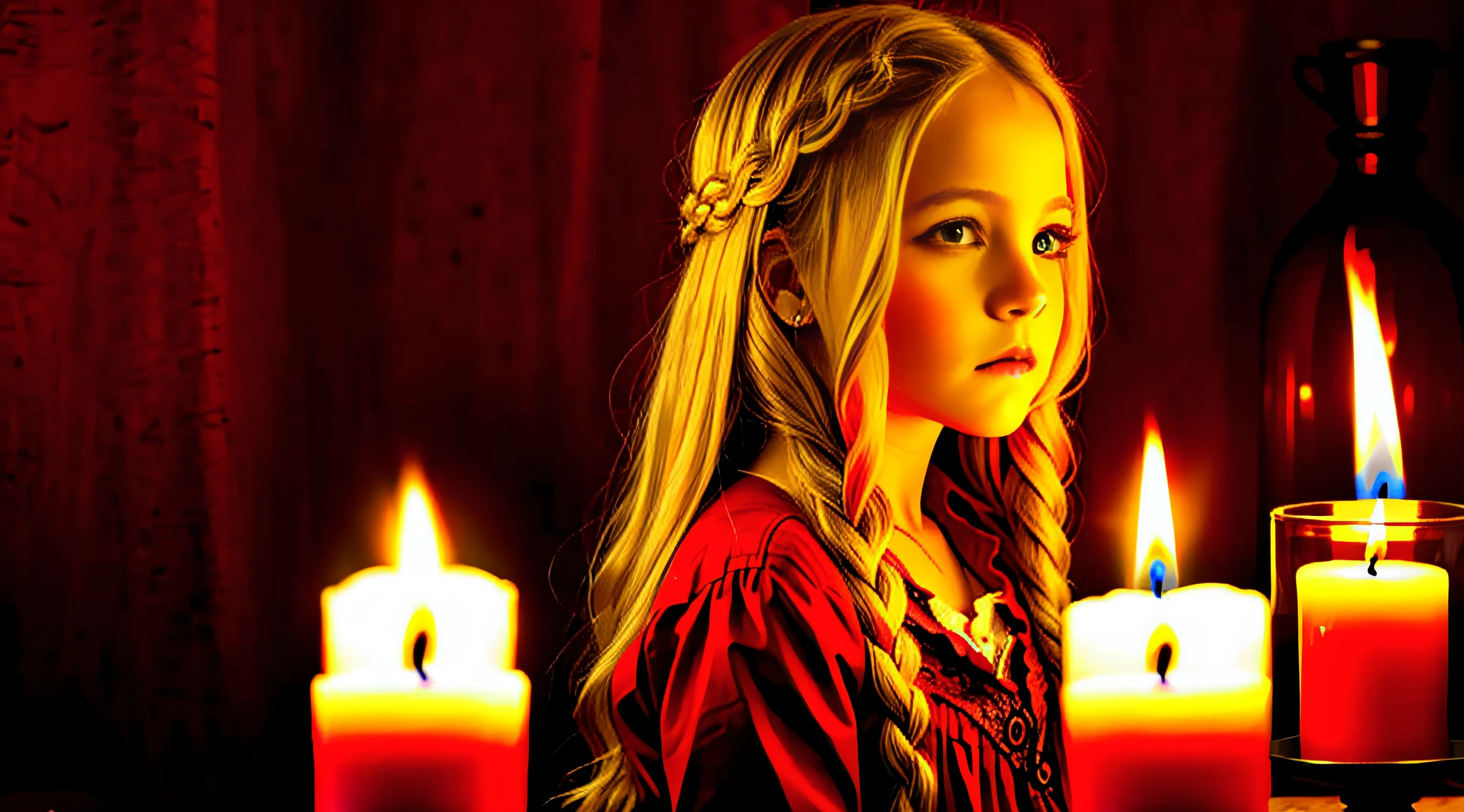GIRLS VAMPIRE CHILDREN, RED EYES. AND BRAIDED blonde HAIR, red background. candles with fire.