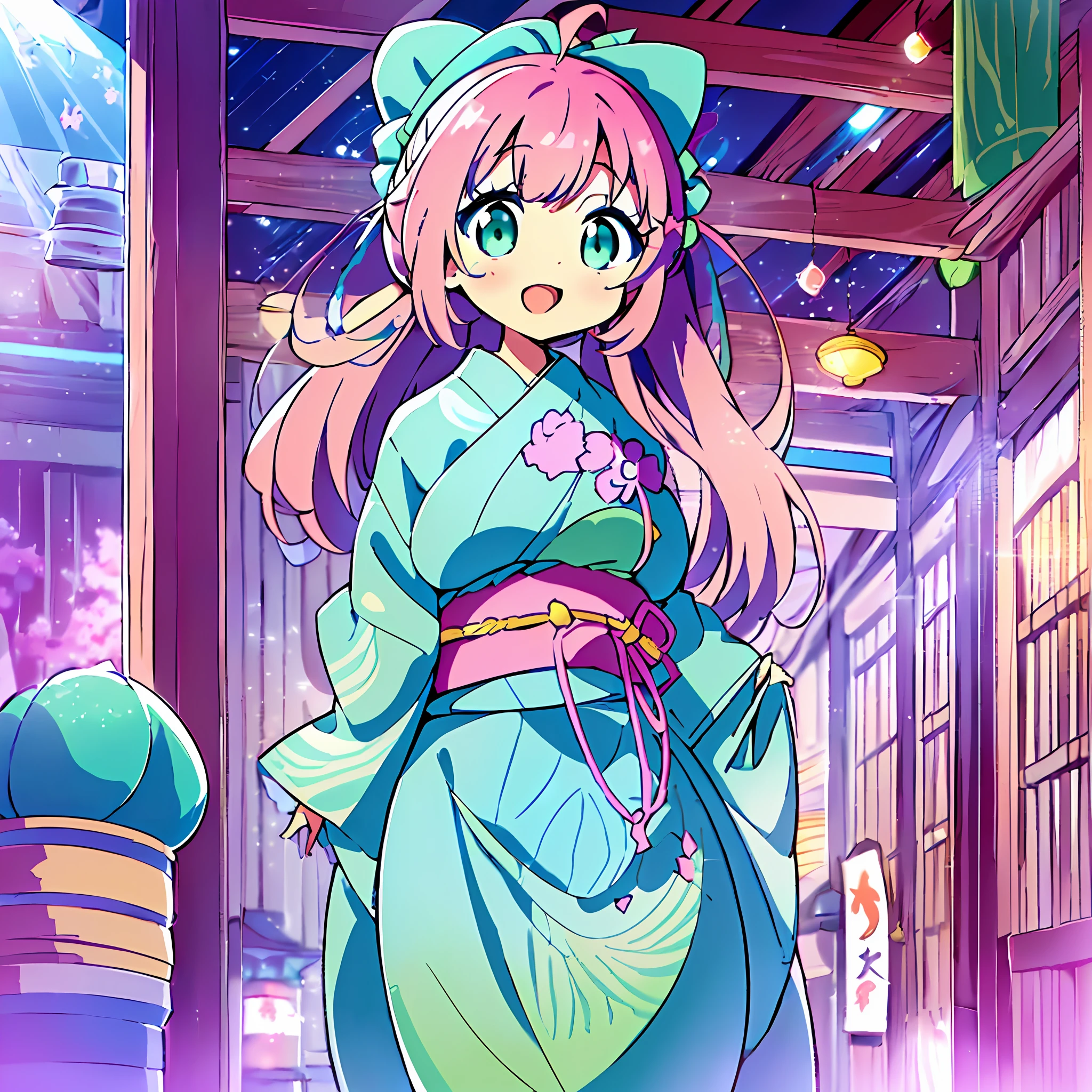 (best quality,ultra-detailed:1.22)
, (beauty face), (big eyes),(loli:1.0),princess-like eyes,big eyes "Kyoto Animation"-style anime illustration, top quality,(cute:1.1)(cute),(high resolution:1.2),incredibly ridiculous:1.3,incredibly fine illustration,cute girl,(iridosis, light blue eyes and light green eyes:1.8) Solo, Standing Figure, Happy, :d, Masterpiece, Top Quality, Absurdity, High Definition, Official Art, (Cute: 1.8), ((Chibi Chara: 1.5)), (((Pink Hair, Bun Hair, Kanzashi, Rabbit Hairpin)), >_<, Thin Hair, One Beautiful Girl, (Cute: 1.8), Caregiver, Maid, (((Long yukata, Illustration of morning glory, indigo color, luxurious obi)), Watch Viewer, Front, Princess eyes, Big breasts, Front, Japan festival, Night shop, Cute geta, Deformed character, have a goldfish drawstring,