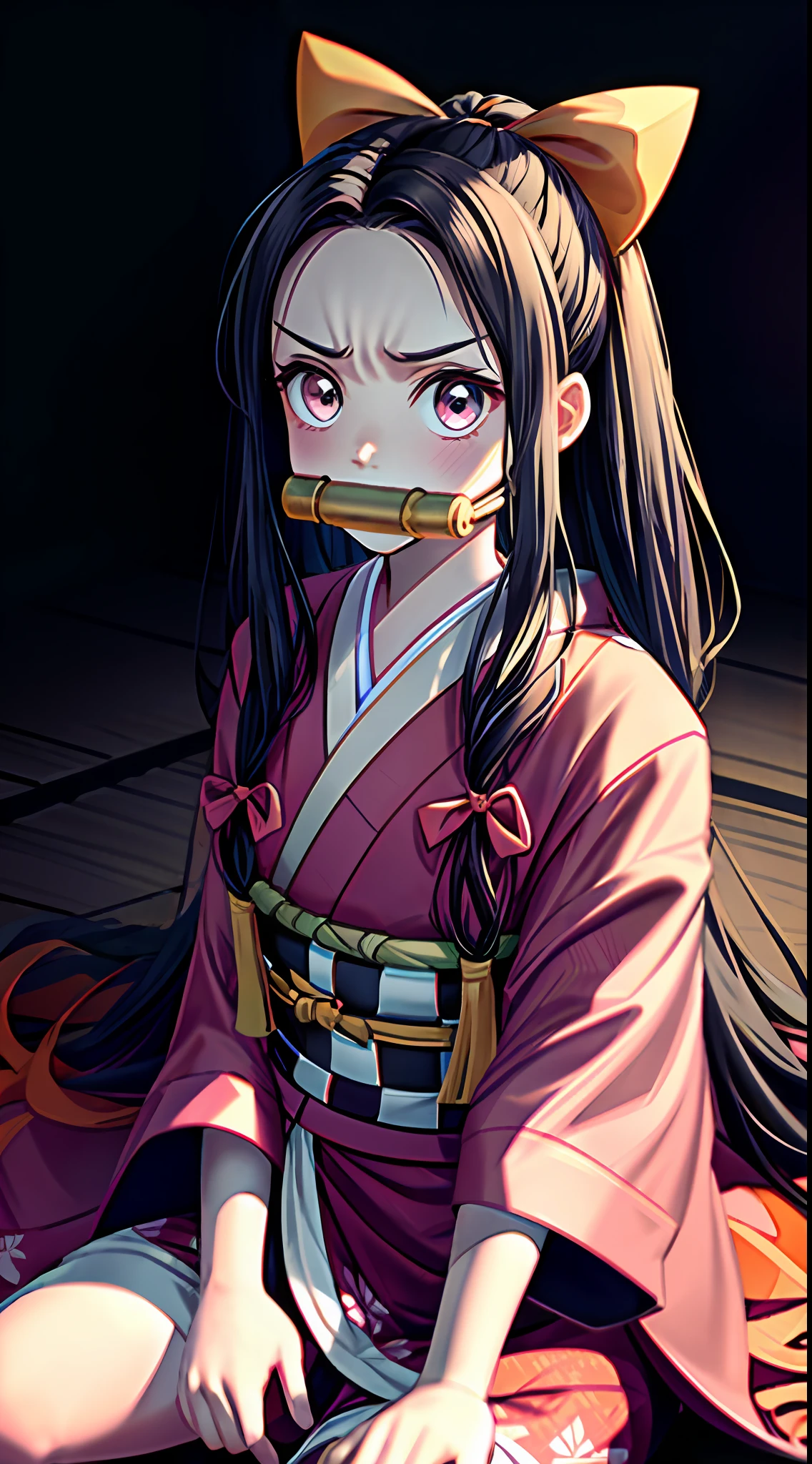Masterpiece, Best Quality, High Resolution, venus1, 1girl, solo, Tsuko Kamato, Bamboo, bit gag, brown hair, checkered belt, gag, gradient hair, hair ribbon, haori, japanese clothes, kimono, long hair, looking at the audience, colorful hair, orange hair, pink eyes, pink kimono, pink ribbon, ribbon, solo, upper body, (((masterpiece)), frontal, sitting, cute, puffed cheeks, angry, wide eyes